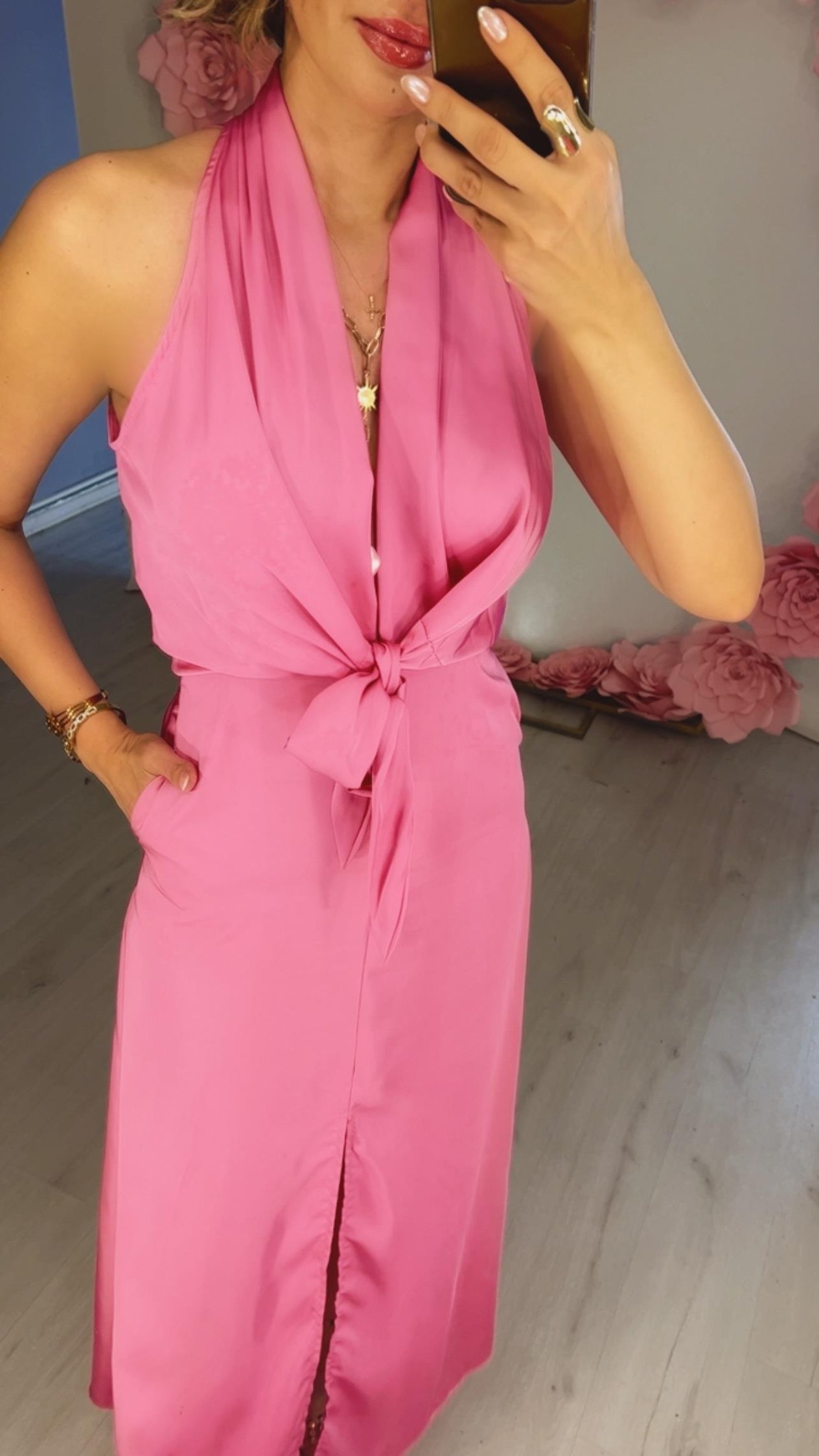 Pembe Saten Cepli Elbise