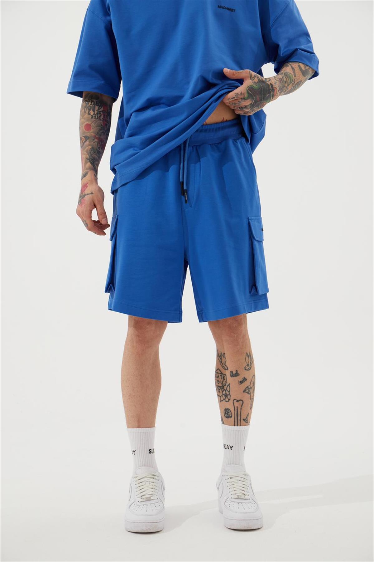 Oversize Kargo Cepli Basic Şort Açık Mavi