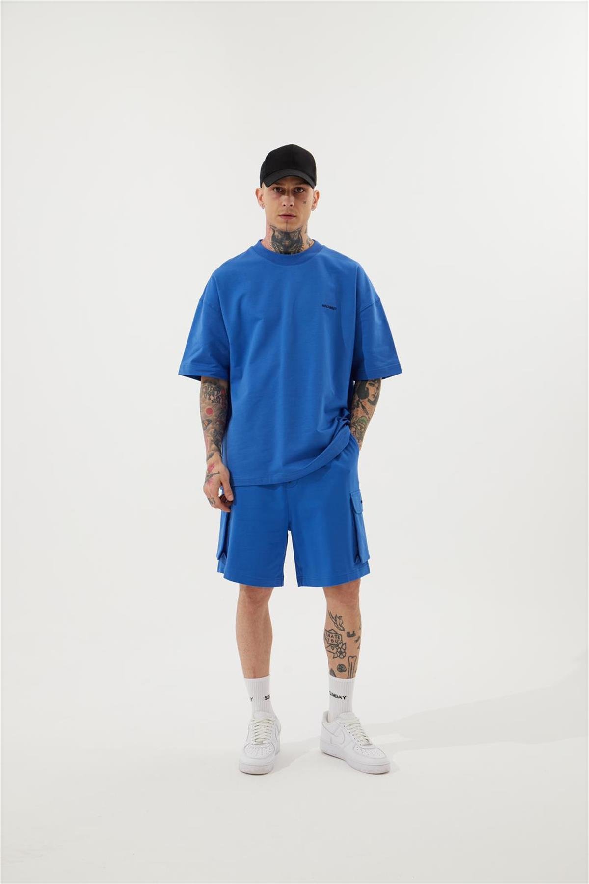 Oversize Kargo Cepli Basic Şort Açık Mavi
