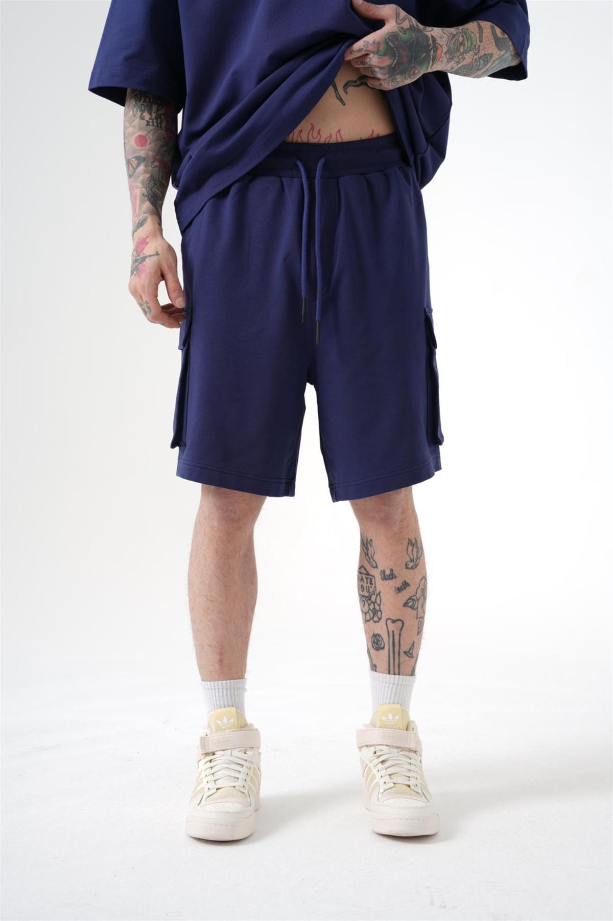 Oversize Kargo Cepli Basic Şort Lacivert