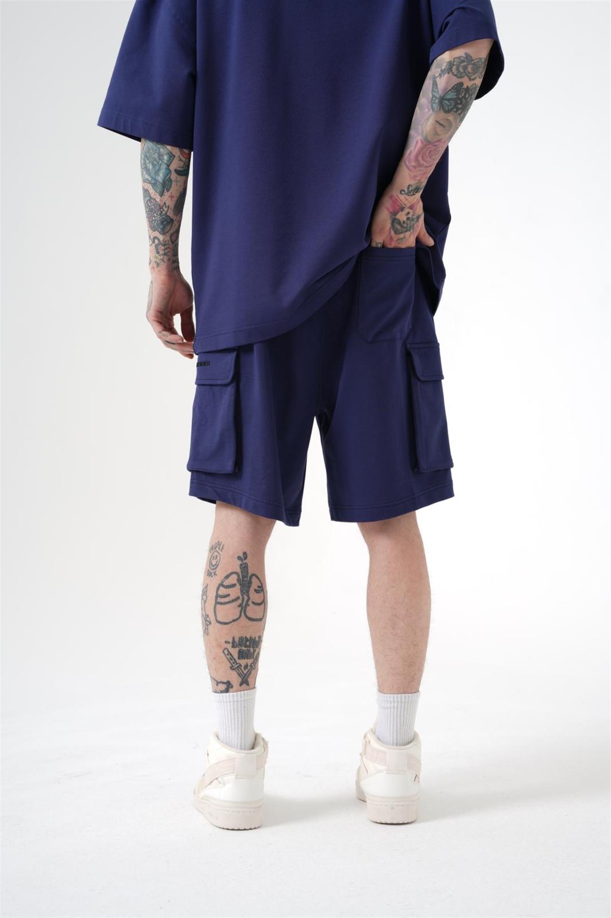 Oversize Kargo Cepli Basic Şort Lacivert