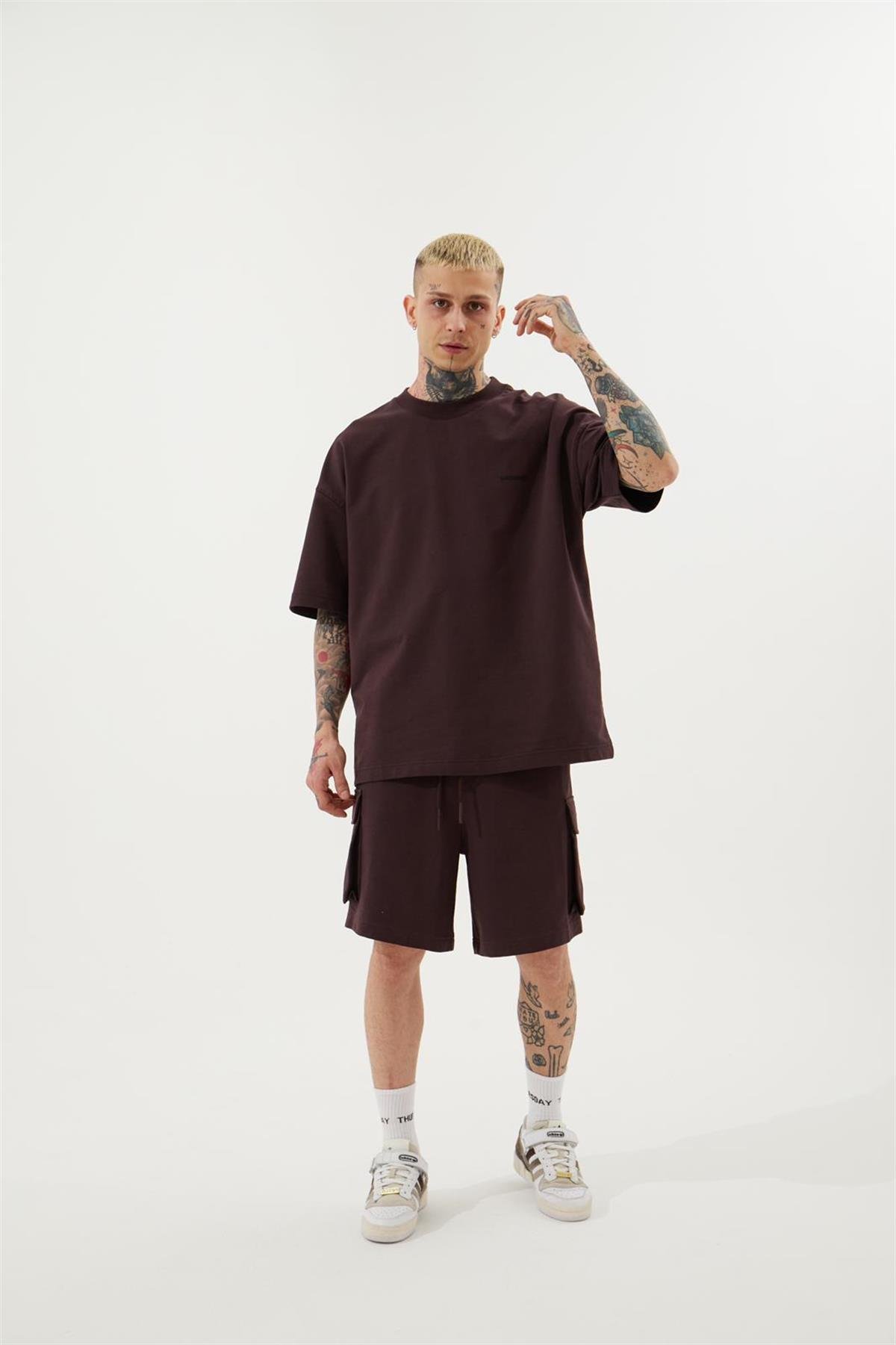Oversize Kargo Cepli Basic Şort Kahve