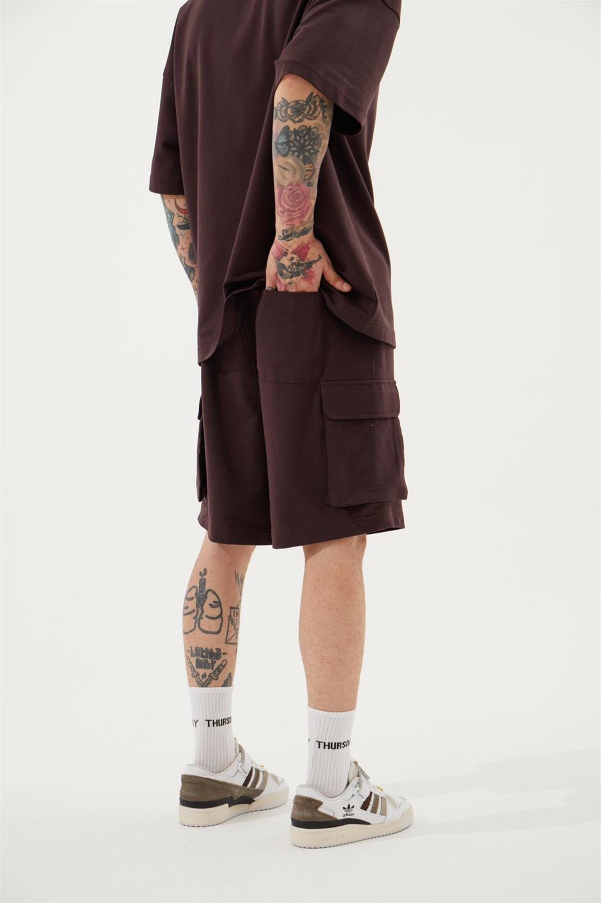 Oversize Kargo Cepli Basic Şort Kahve