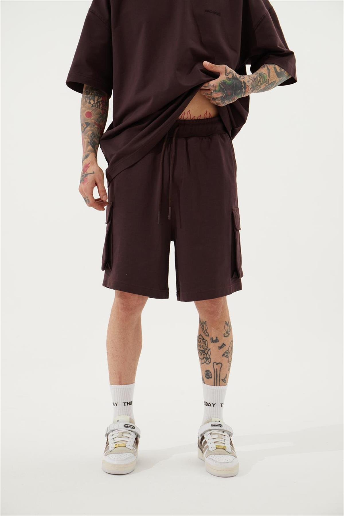 Oversize Kargo Cepli Basic Şort Kahve