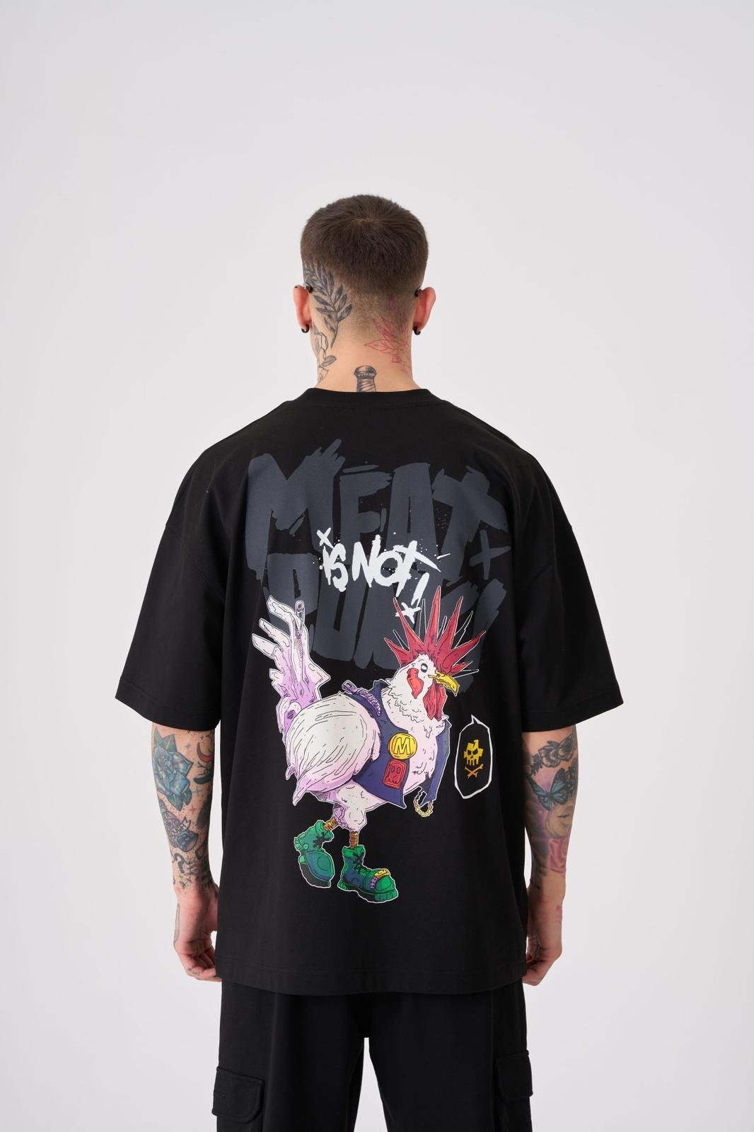 Erkek Meat Punk Baskılı Oversize Siyah Tişört