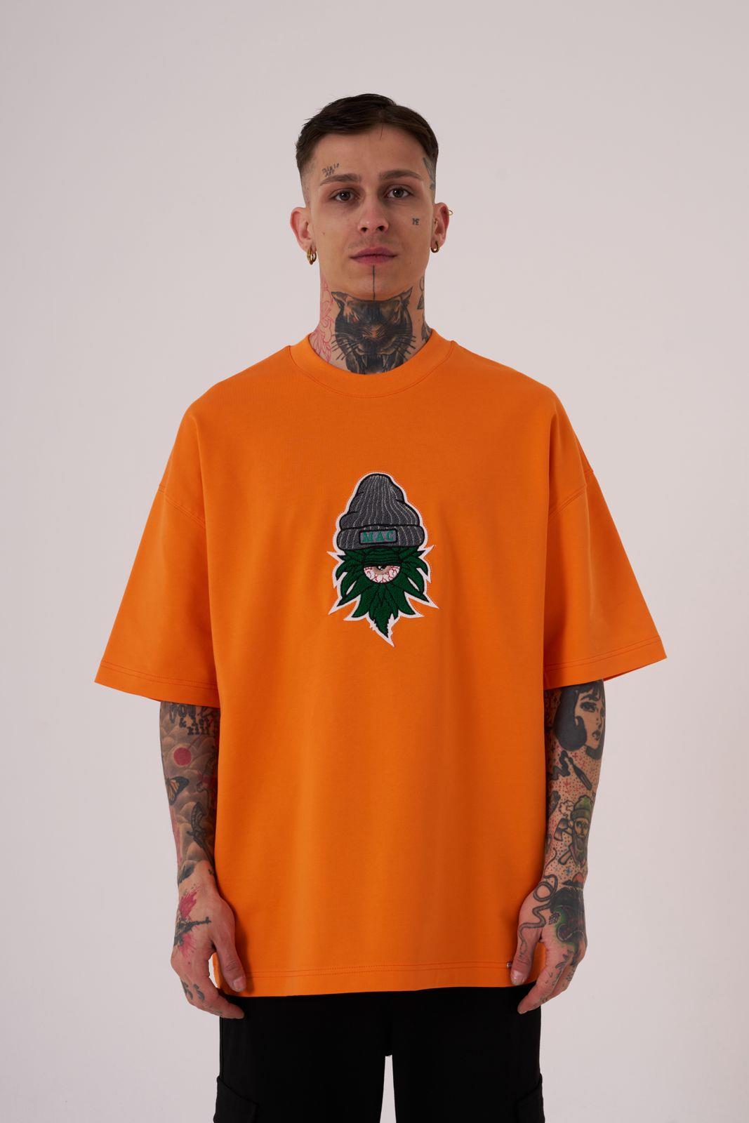 Erkek Leaf Eye Nakışlı Oversize Turuncu Tişört