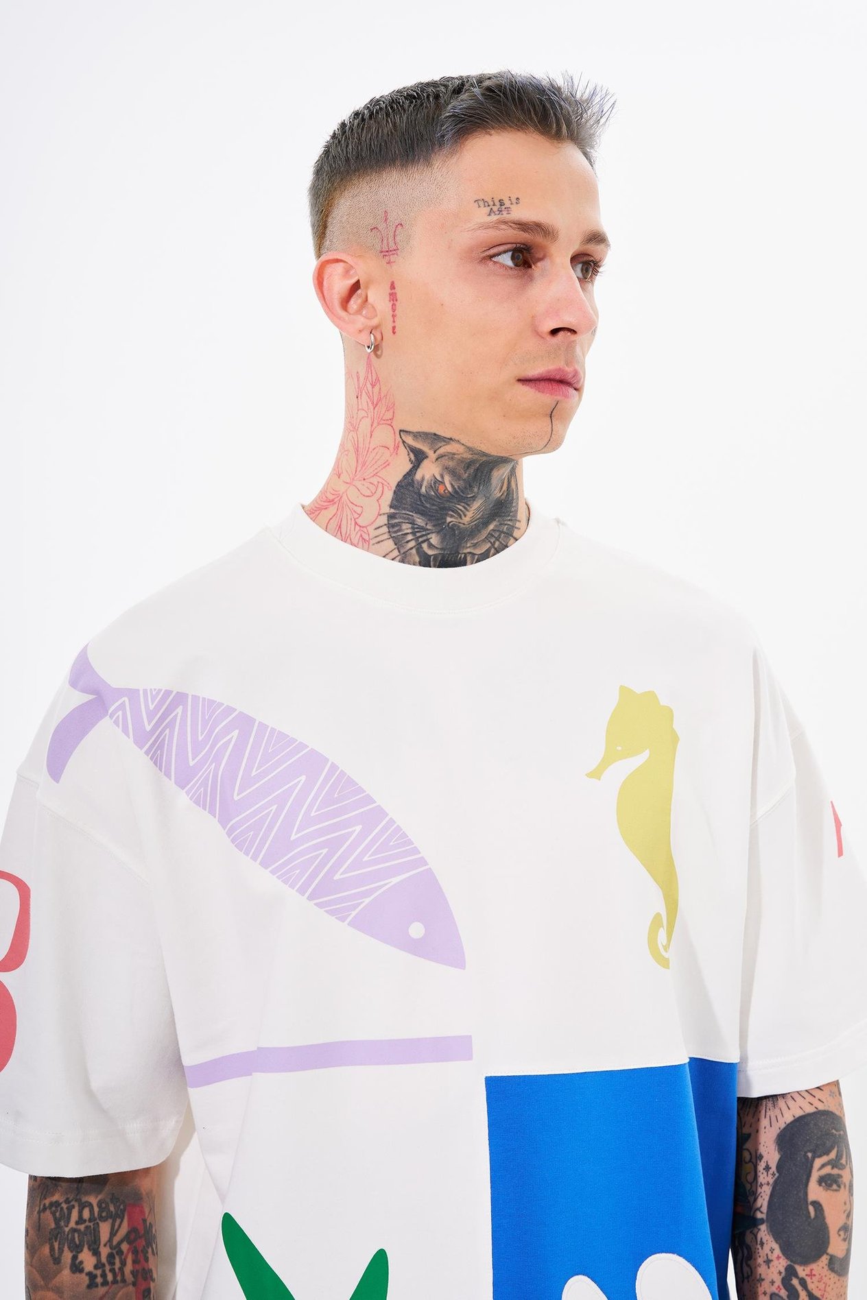 Erkek 87 Sea Shells Baskılı Oversize Ekru Soft Blue Tişört