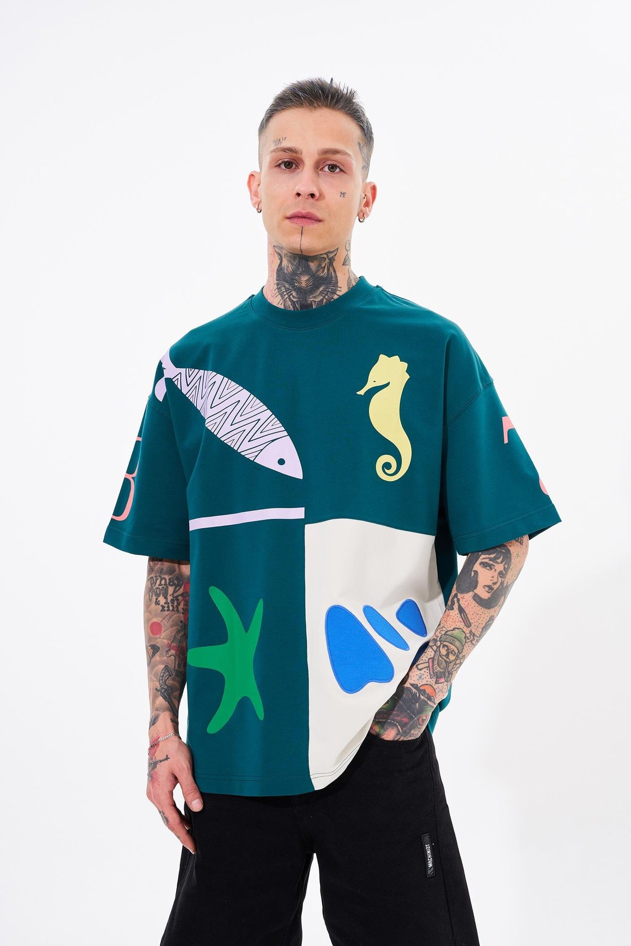 Erkek 87 Sea Shells Baskılı Oversize Petrol Yeşili Gri Tişört