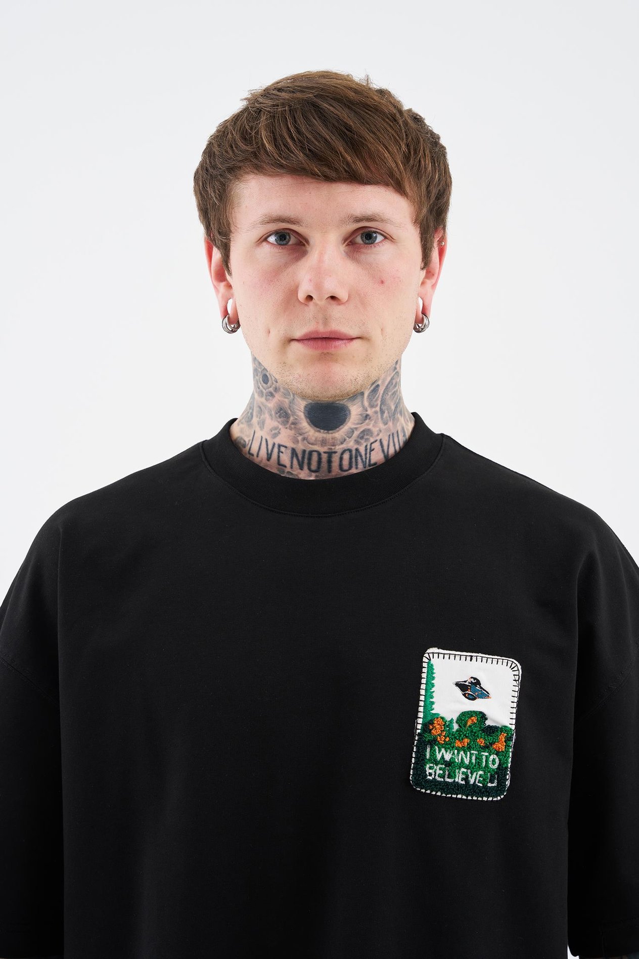 Erkek Alien Embroidery Oversize Siyah Tişört
