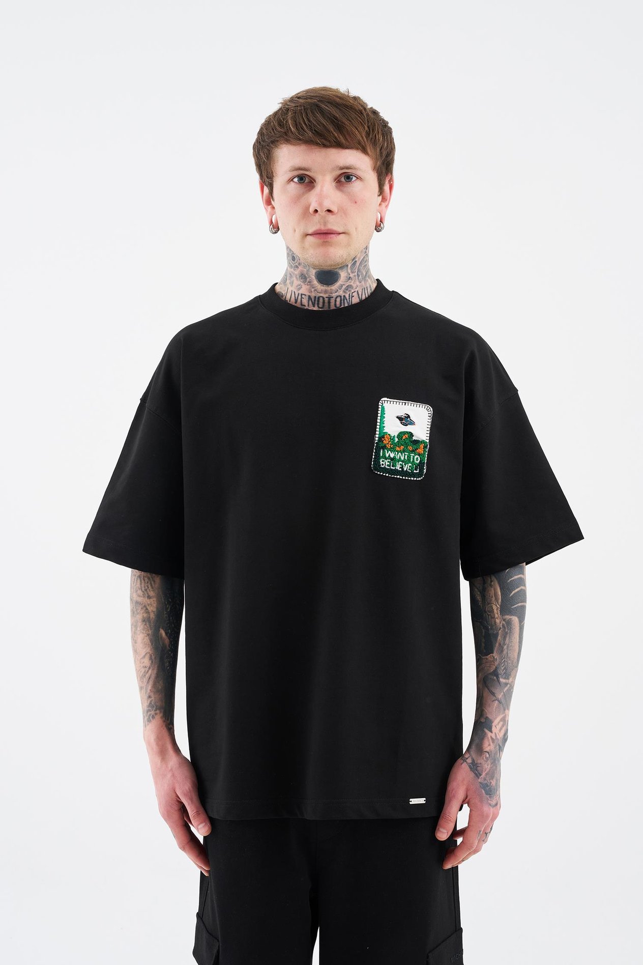 Erkek Alien Embroidery Oversize Siyah Tişört