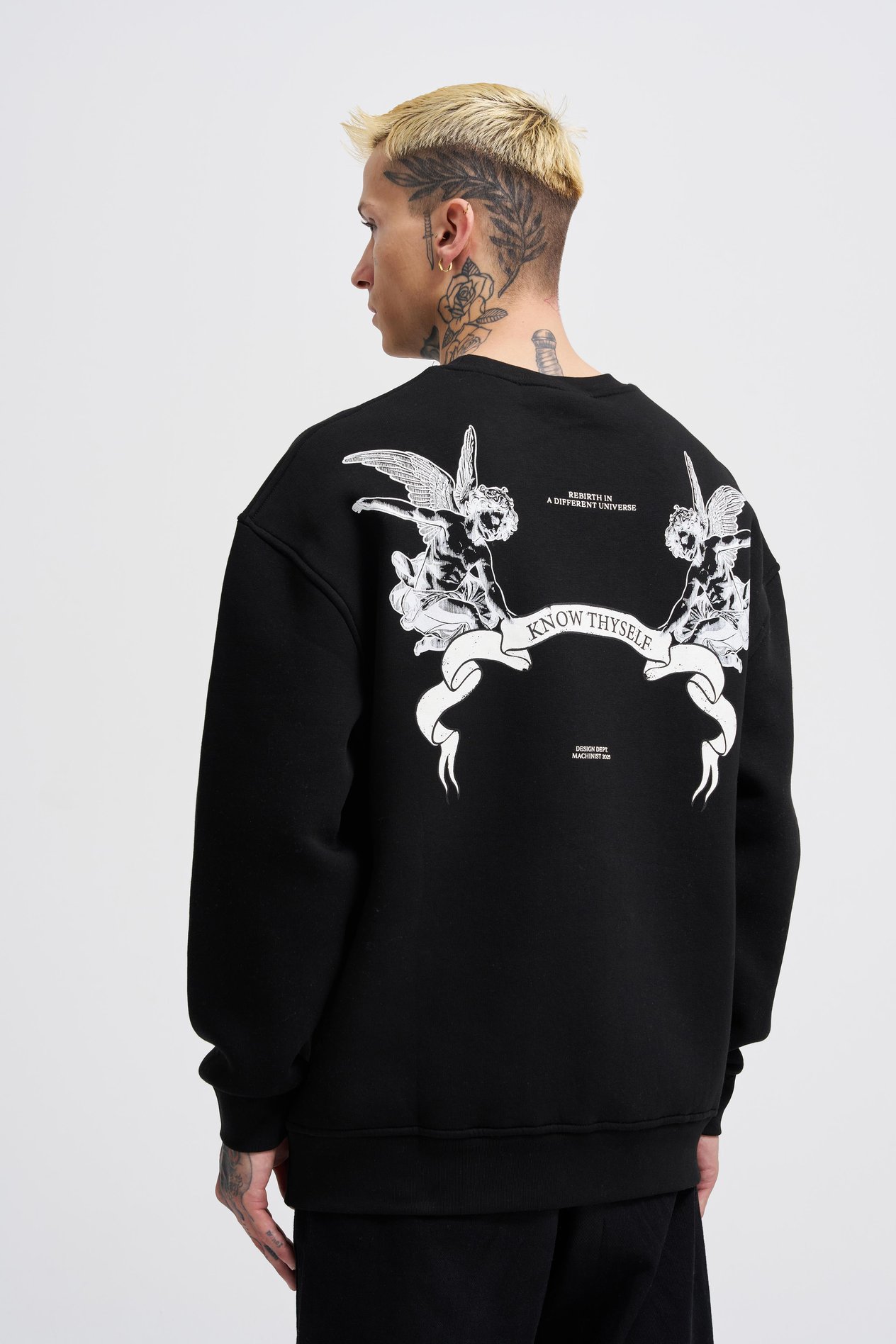Erkek Angel and Ribbon Printed Sweatshirt BLACK
