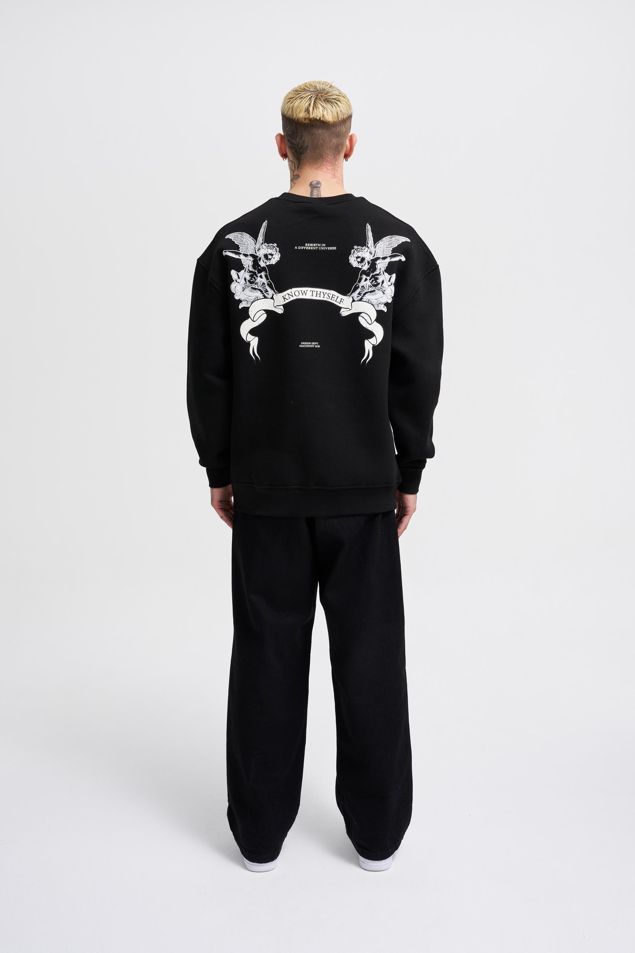 Erkek Angel and Ribbon Printed Sweatshirt BLACK