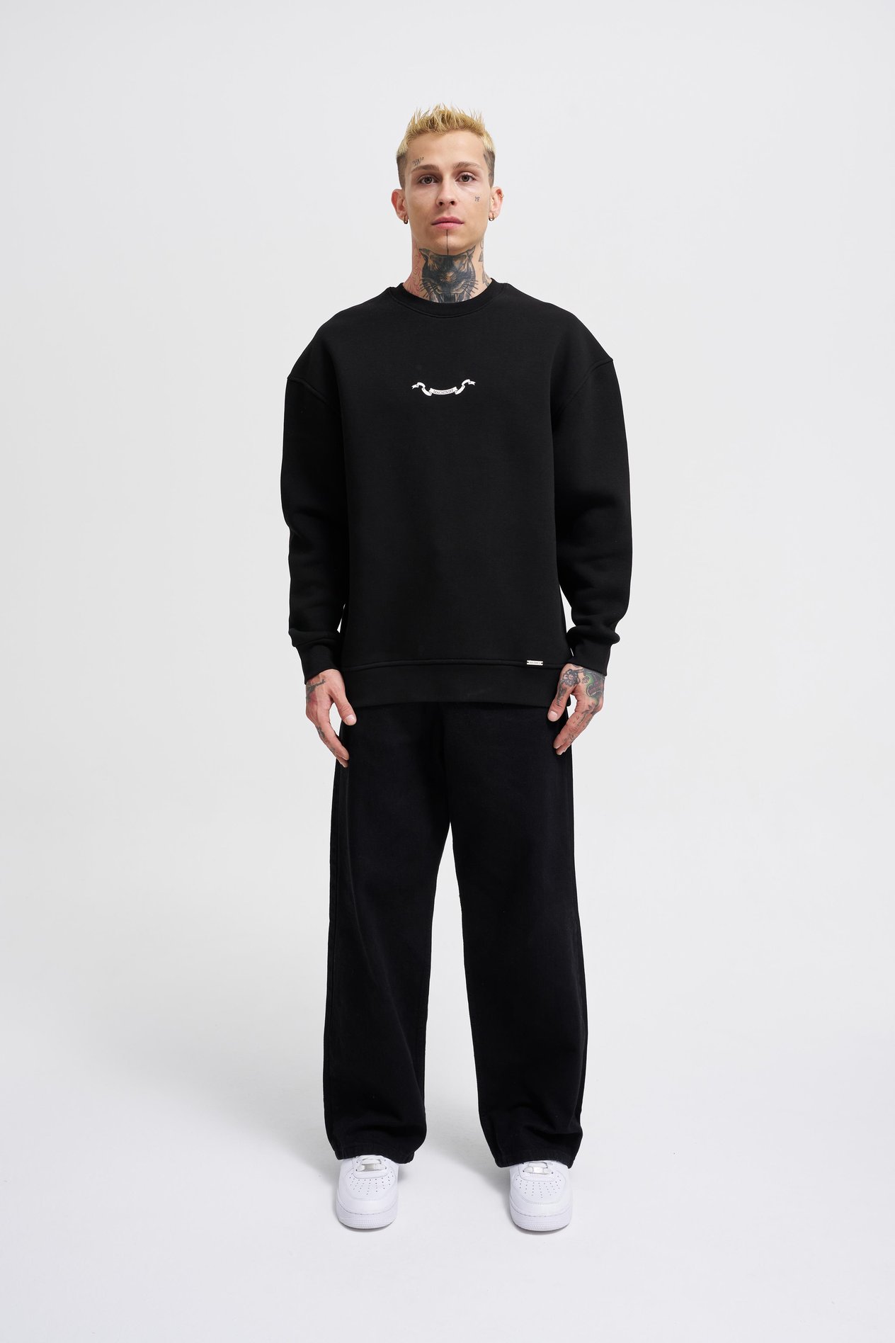 Erkek Angel and Ribbon Printed Sweatshirt BLACK