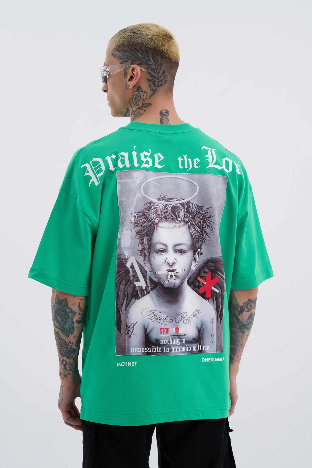 Erkek Bad Angels Baskılı Oversize Açık Yeşil Tişört