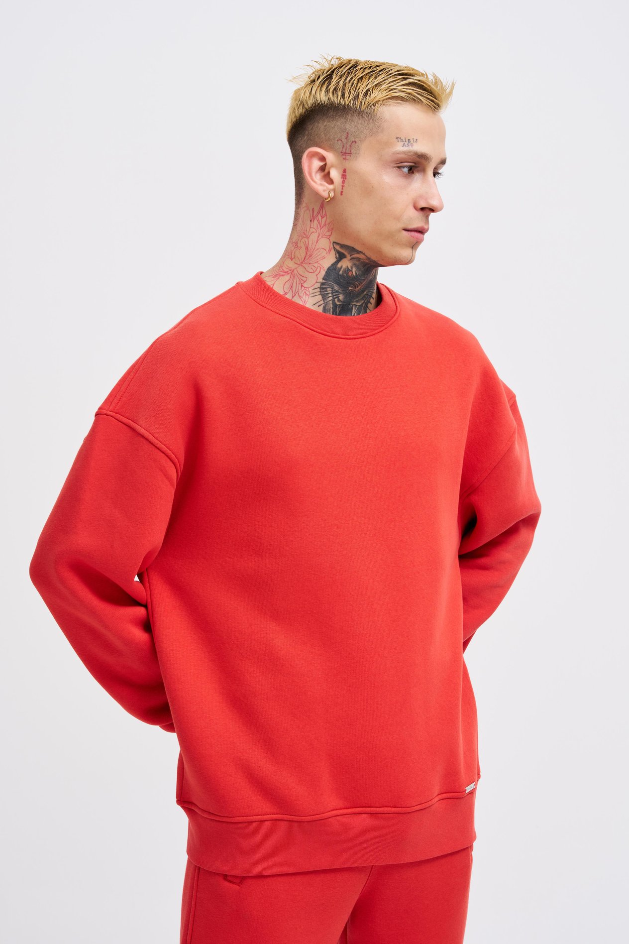 Erkek Basic Bisiklet Yaka Oversize Açık Kırmızı Sweatshirt