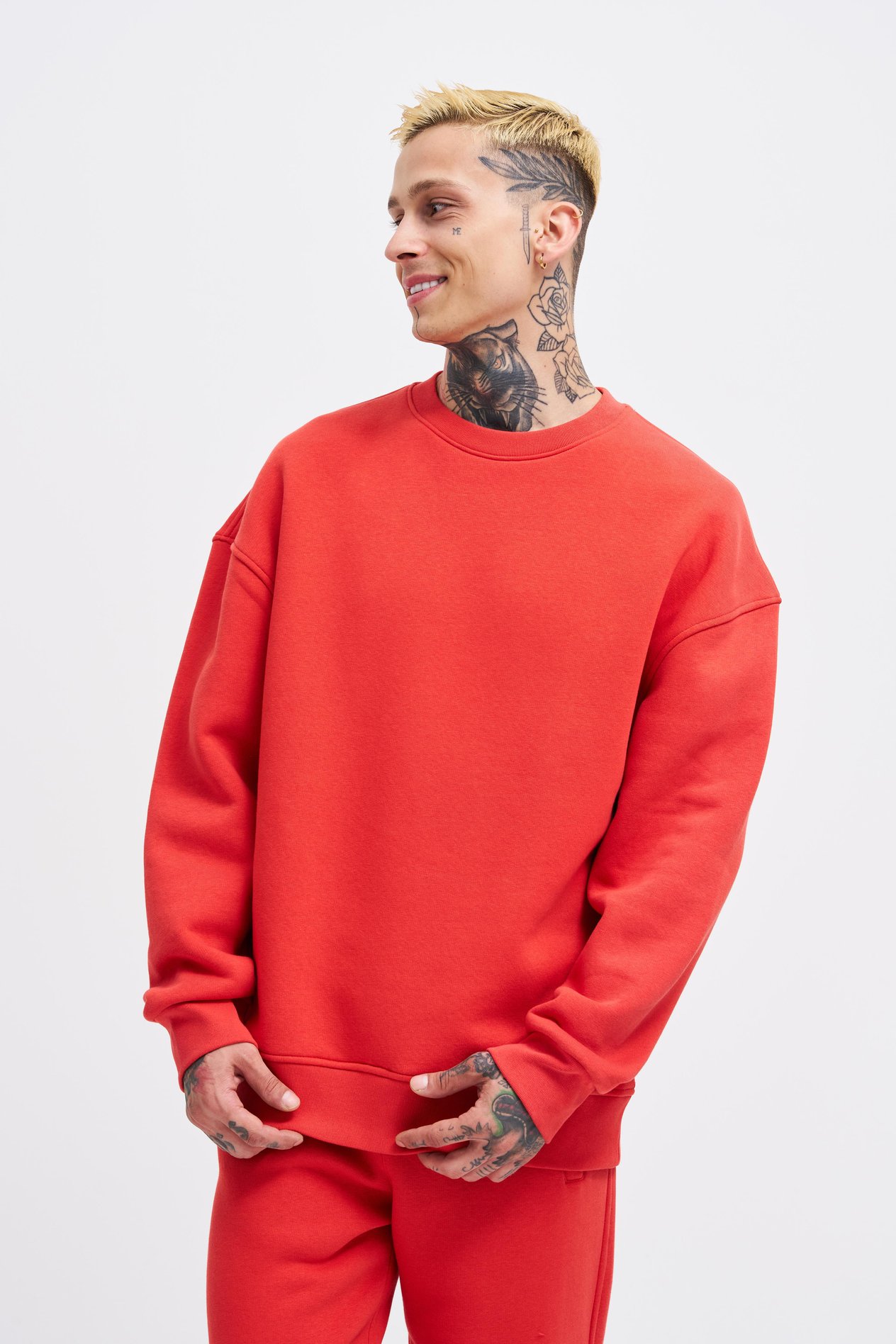 Erkek Basic Bisiklet Yaka Oversize Açık Kırmızı Sweatshirt
