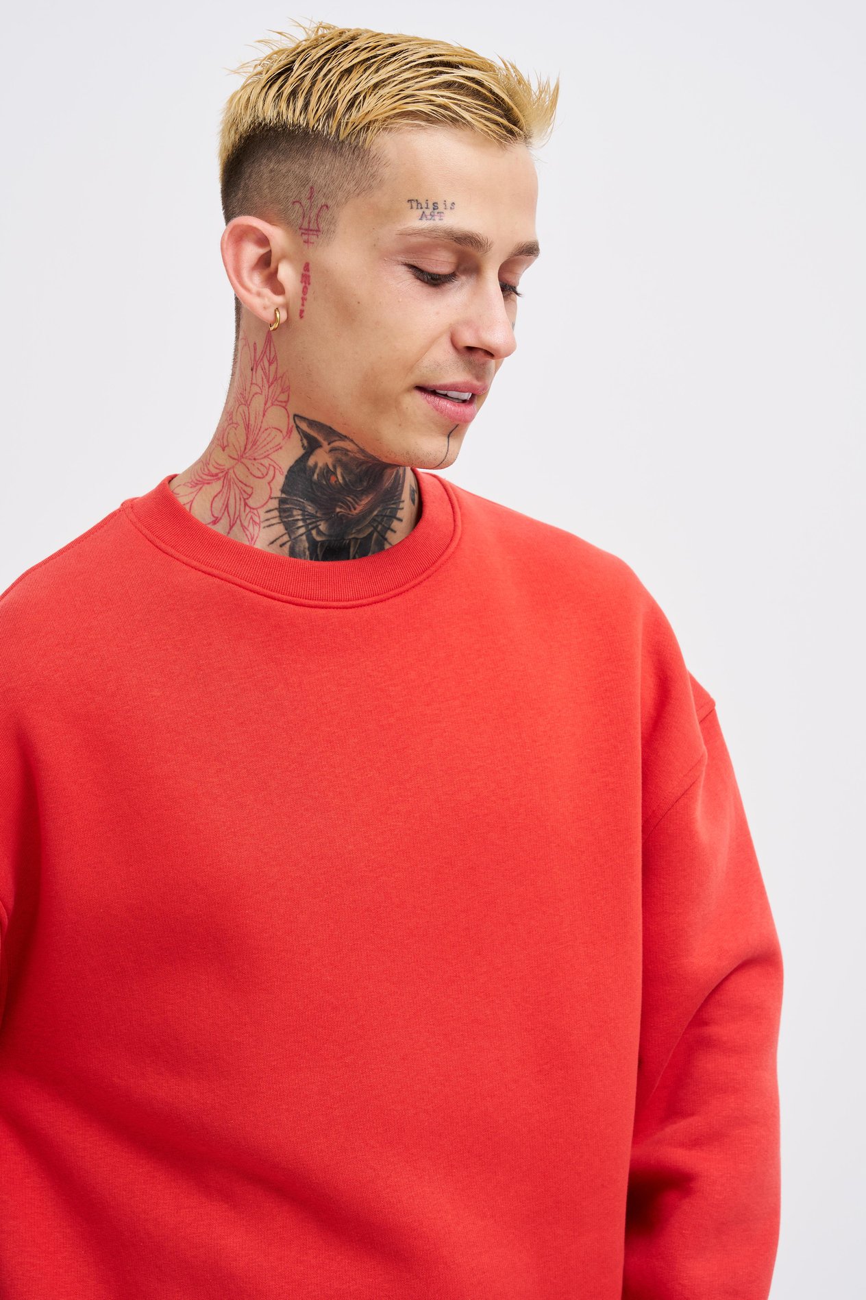 Erkek Basic Bisiklet Yaka Oversize Açık Kırmızı Sweatshirt