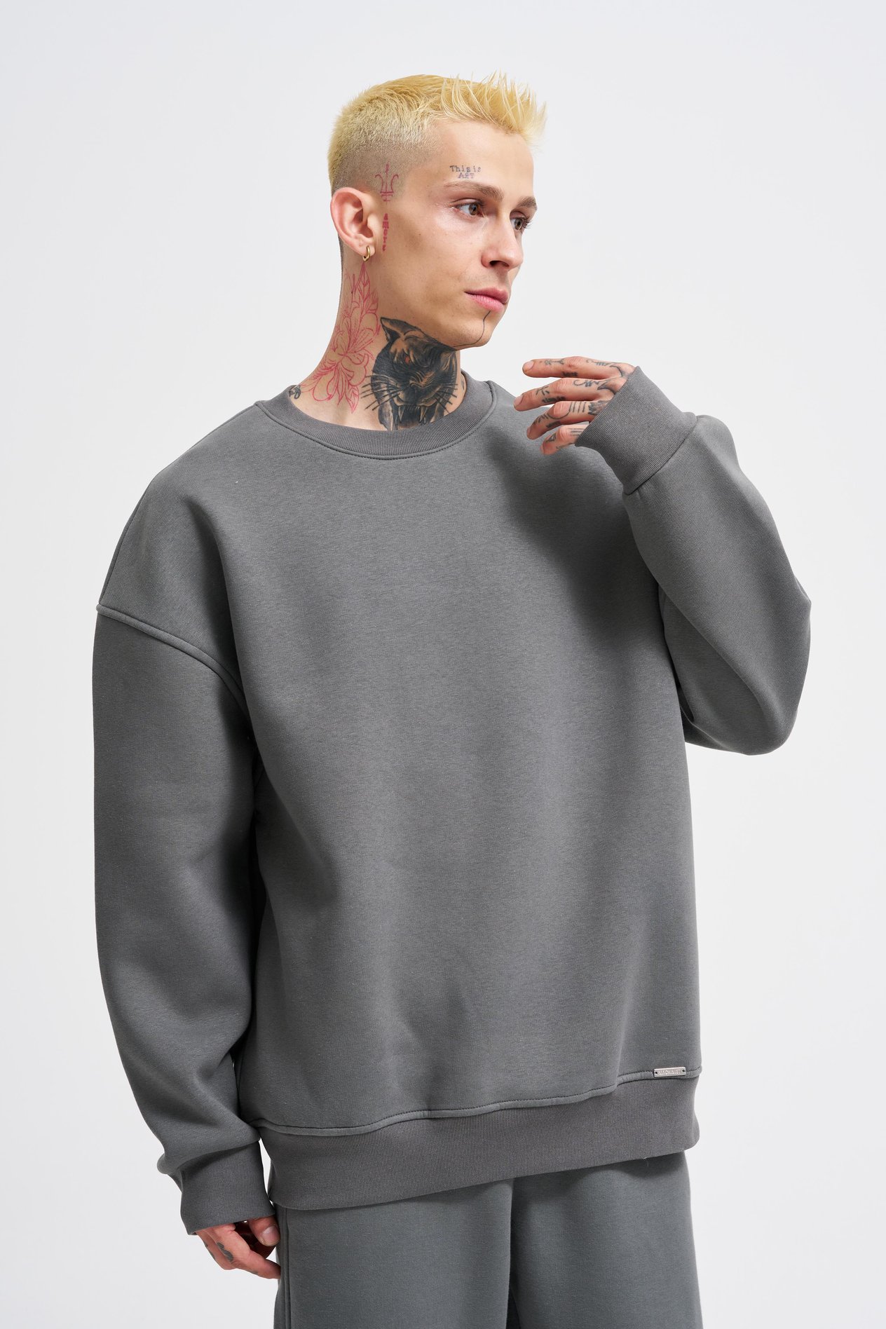 Erkek Basic Bisiklet Yaka Oversize Füme Sweatshirt