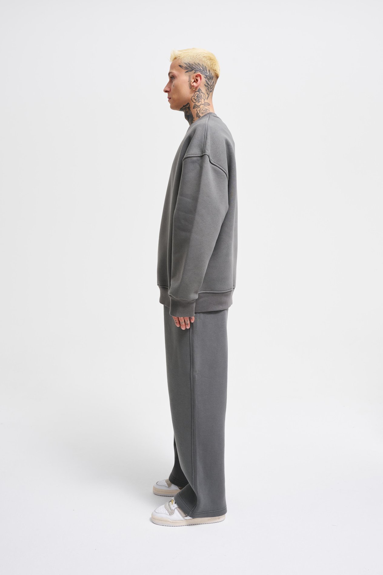 Erkek Basic Bisiklet Yaka Oversize Füme Sweatshirt
