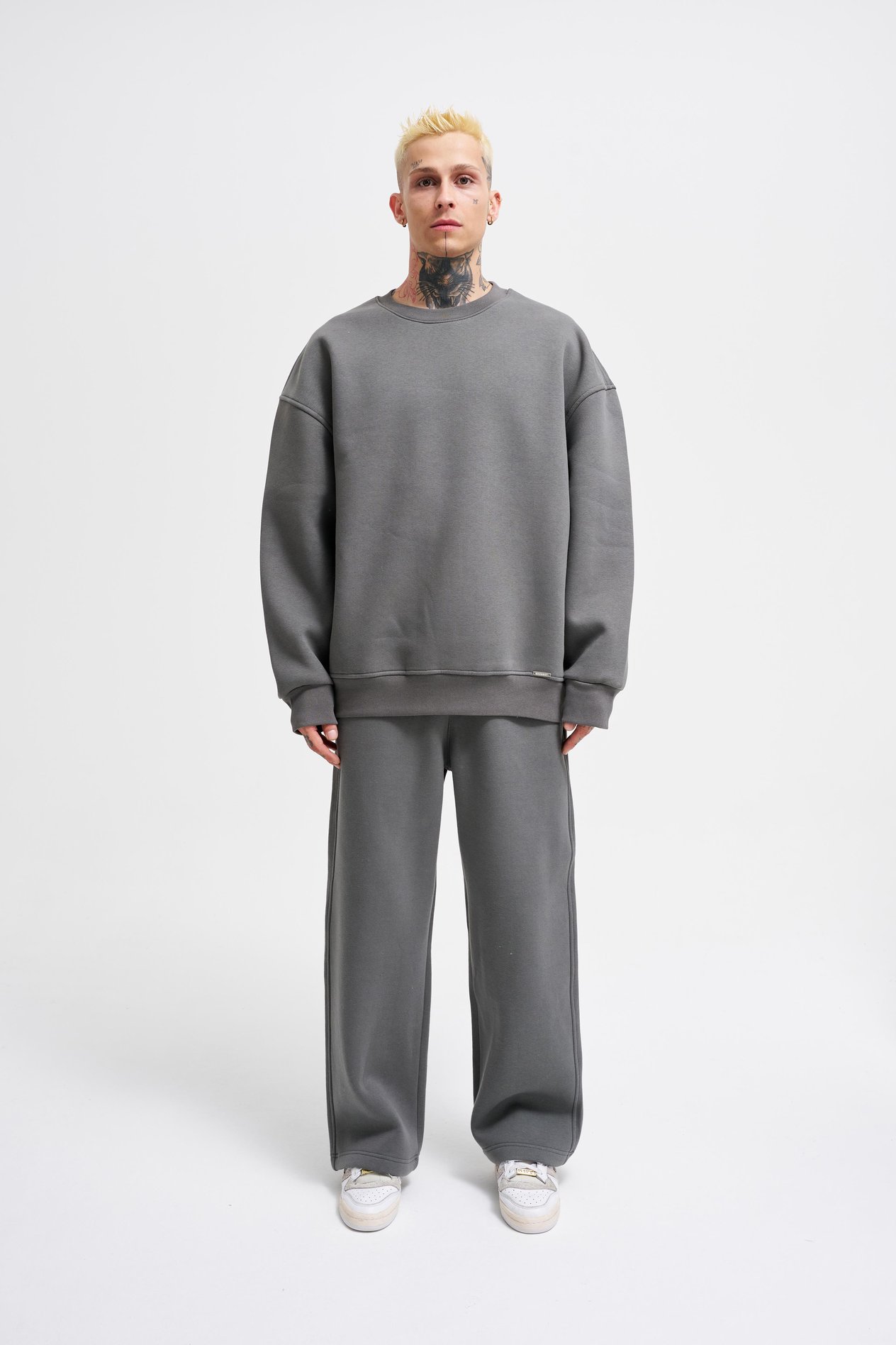 Erkek Basic Bisiklet Yaka Oversize Füme Sweatshirt