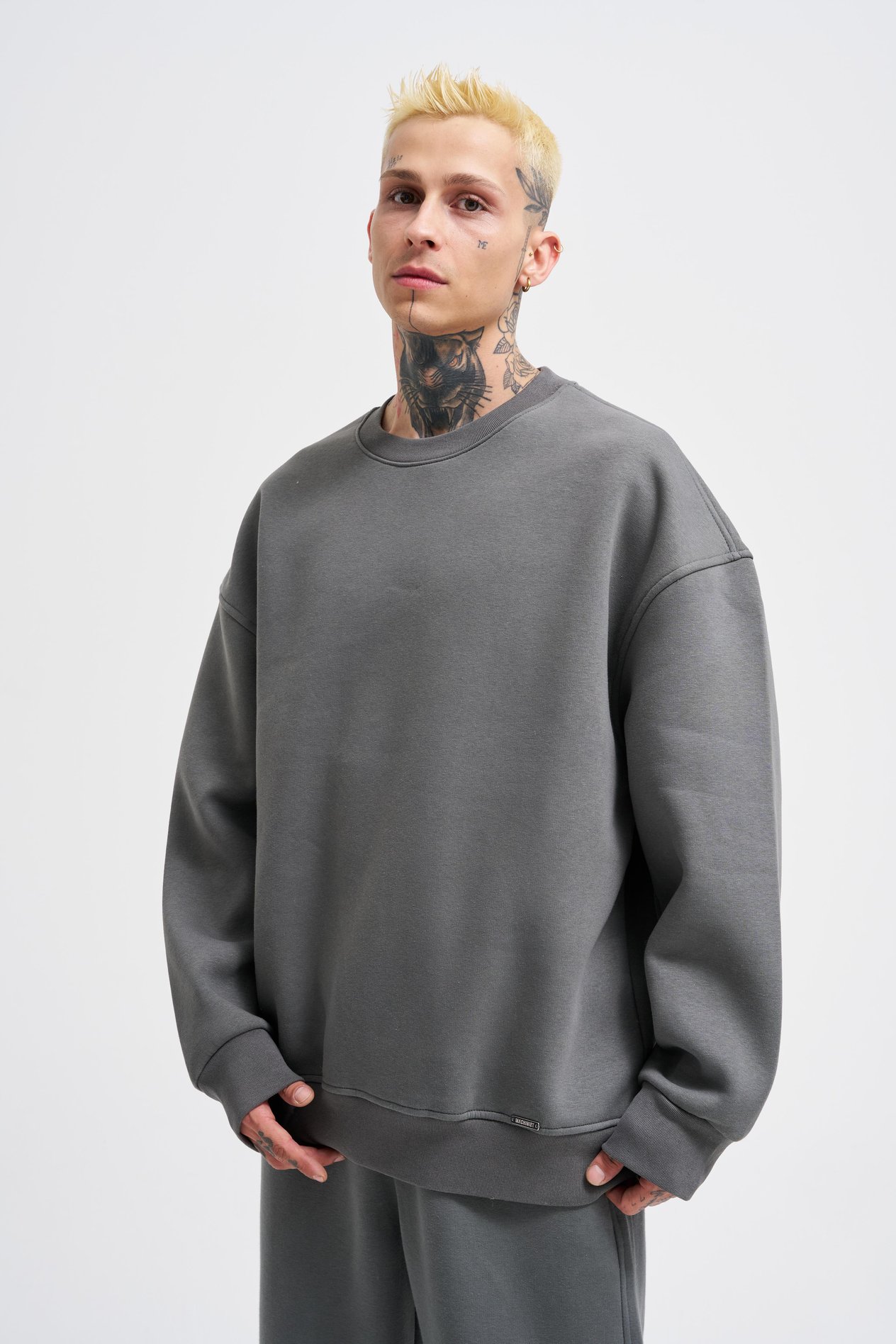 Erkek Basic Bisiklet Yaka Oversize Füme Sweatshirt