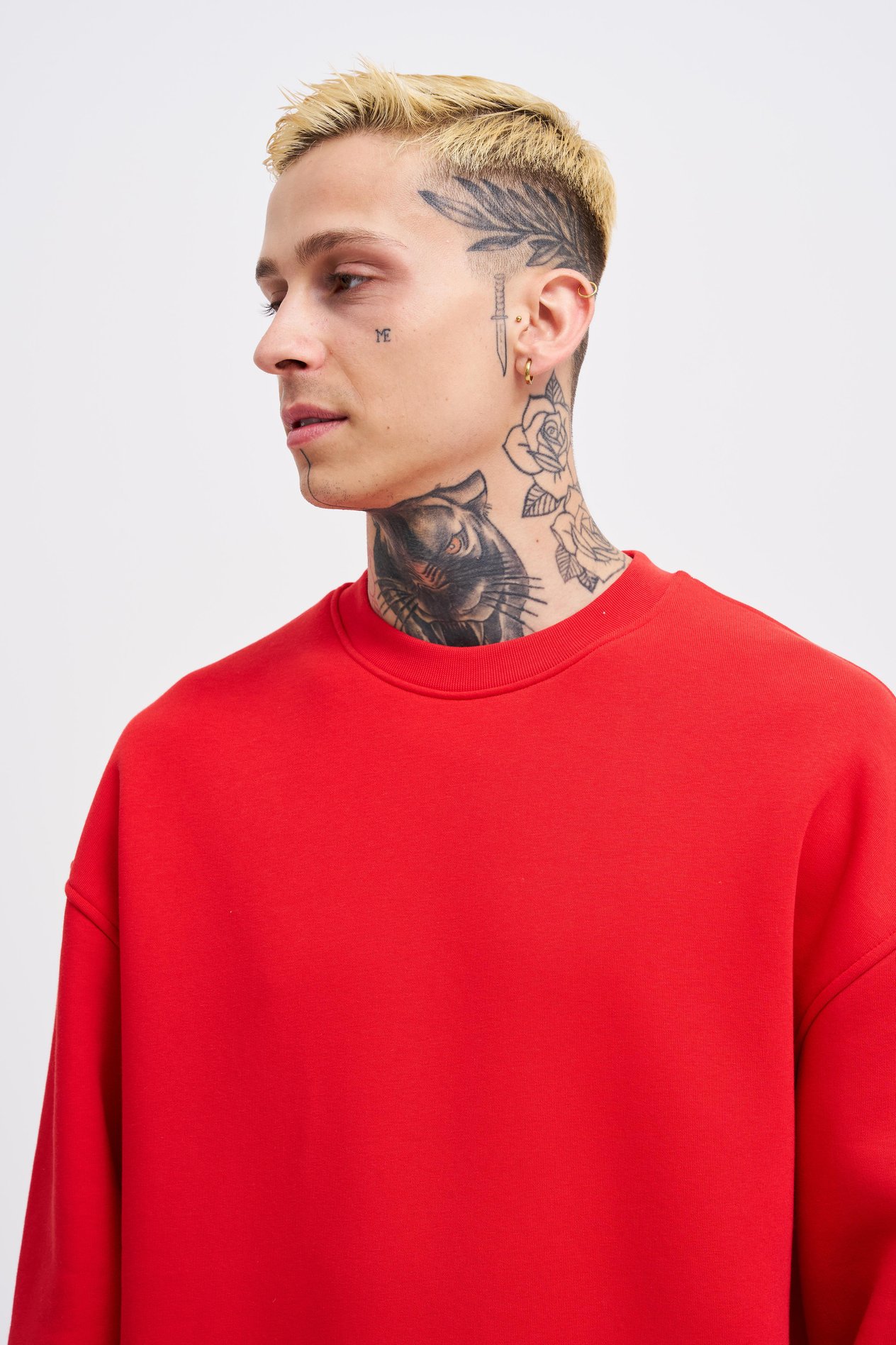 Erkek Basic Bisiklet Yaka Oversize Kırmızı Sweatshirt