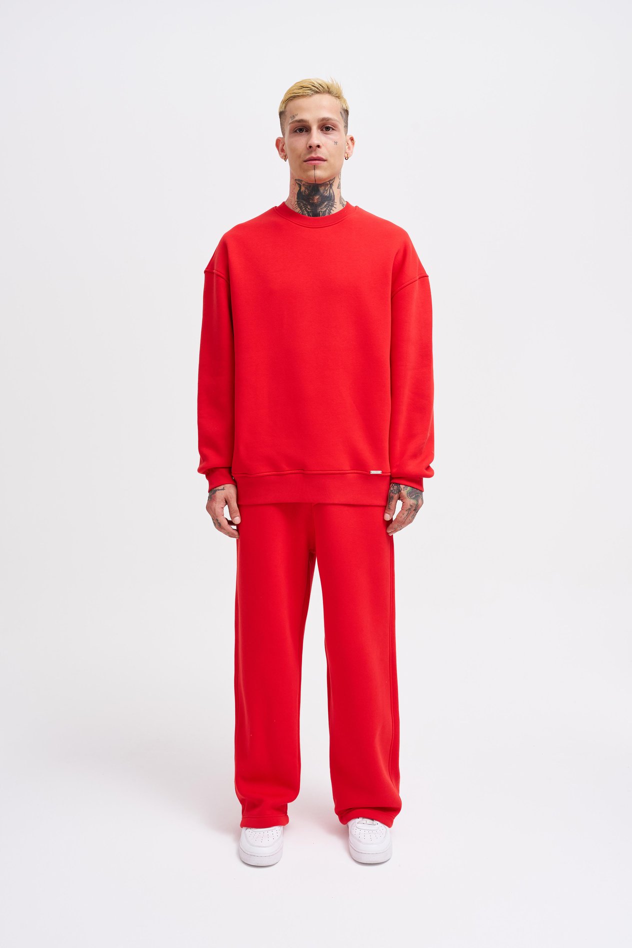 Erkek Basic Bisiklet Yaka Oversize Kırmızı Sweatshirt