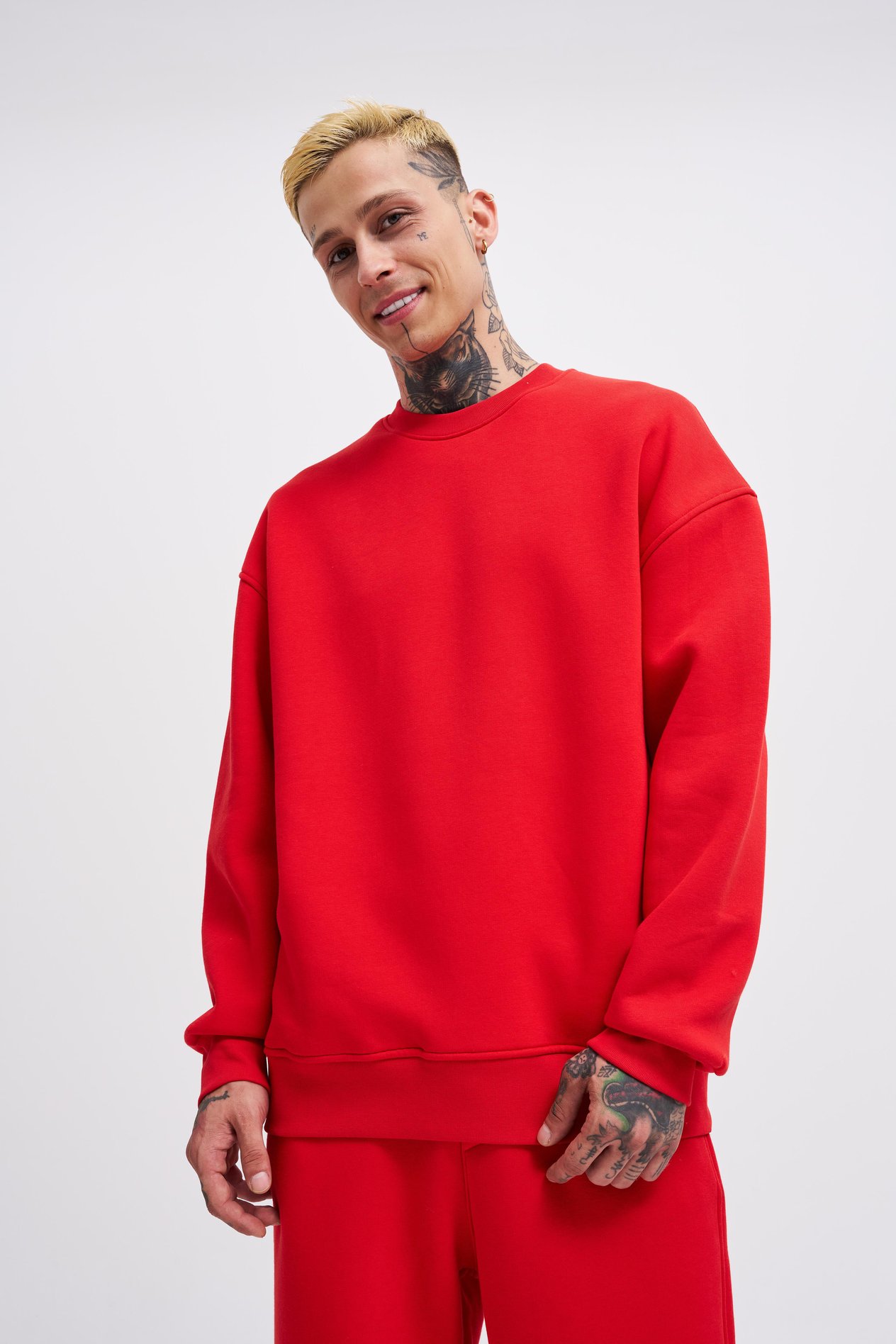 Erkek Basic Bisiklet Yaka Oversize Kırmızı Sweatshirt