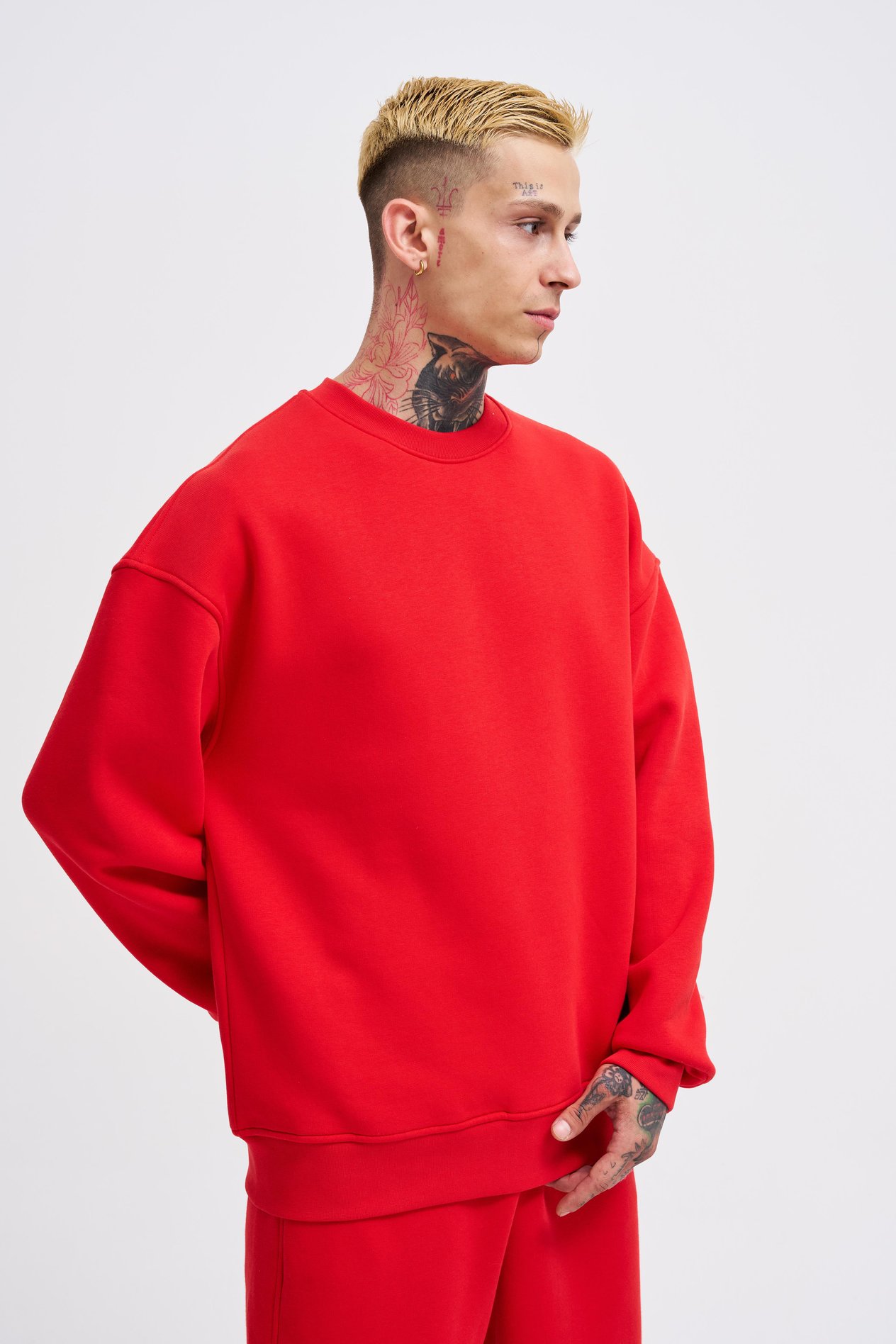 Erkek Basic Bisiklet Yaka Oversize Kırmızı Sweatshirt