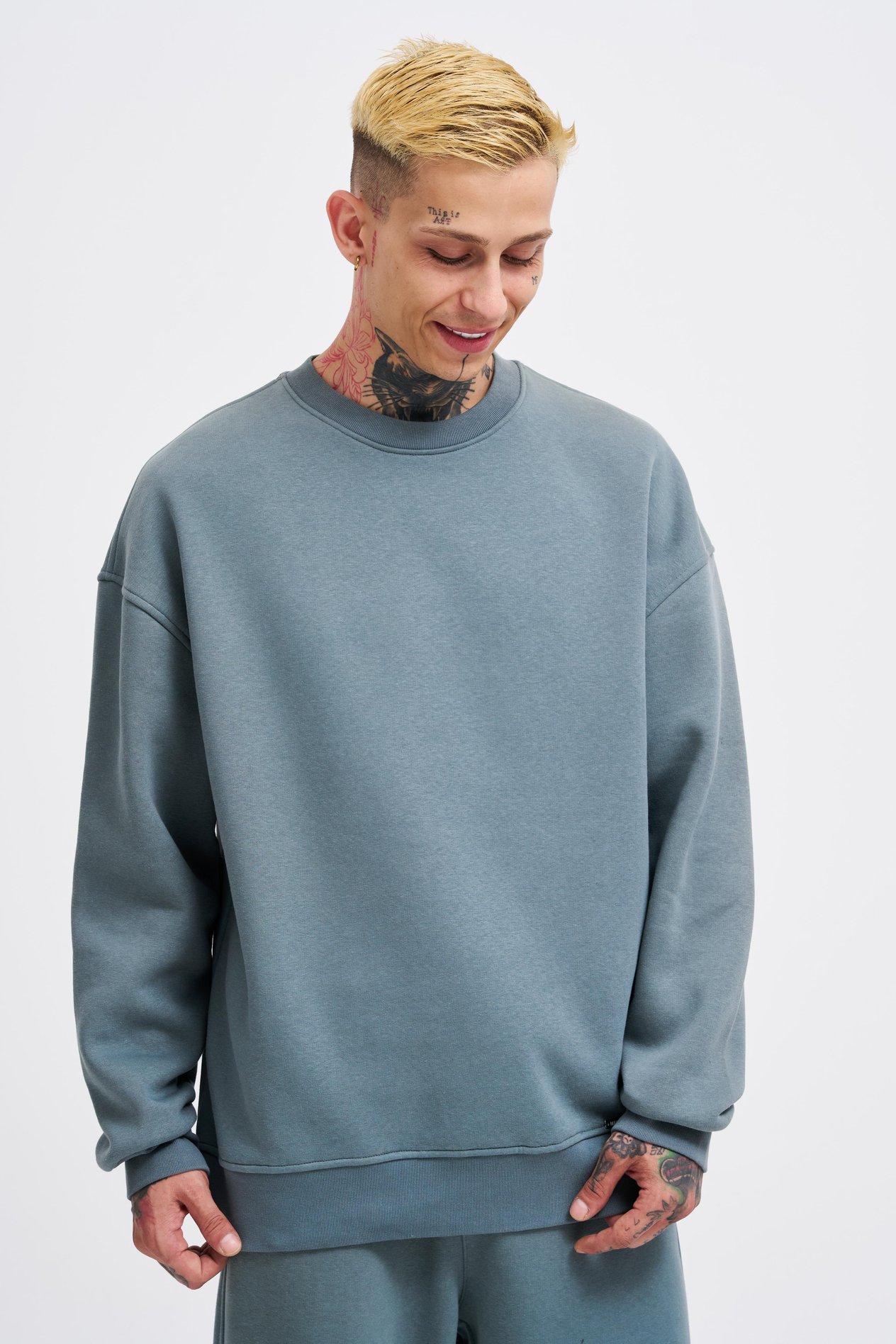 Erkek Basic Bisiklet Yaka Oversize Mavi Sweatshirt