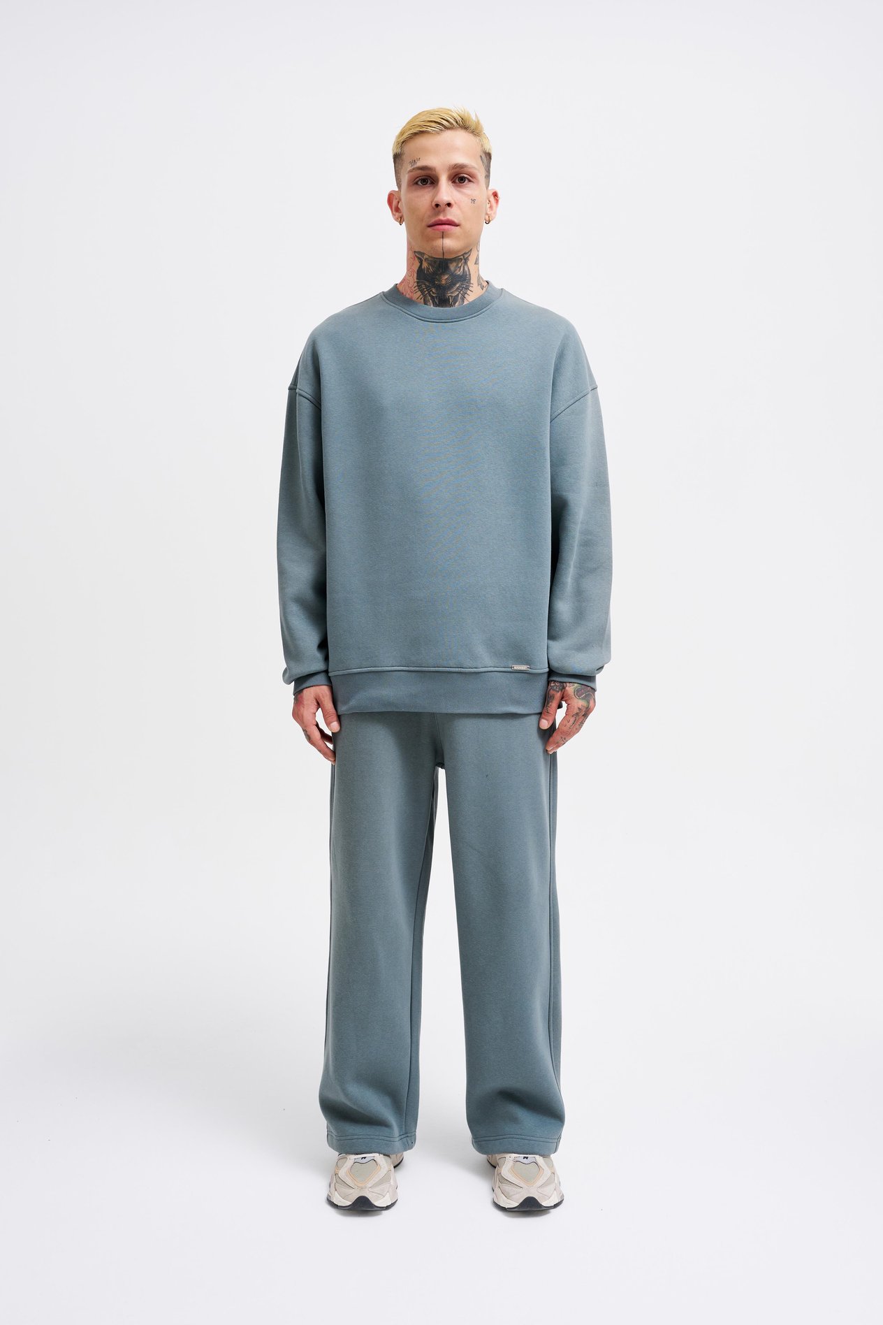 Erkek Basic Bisiklet Yaka Oversize Mavi Sweatshirt
