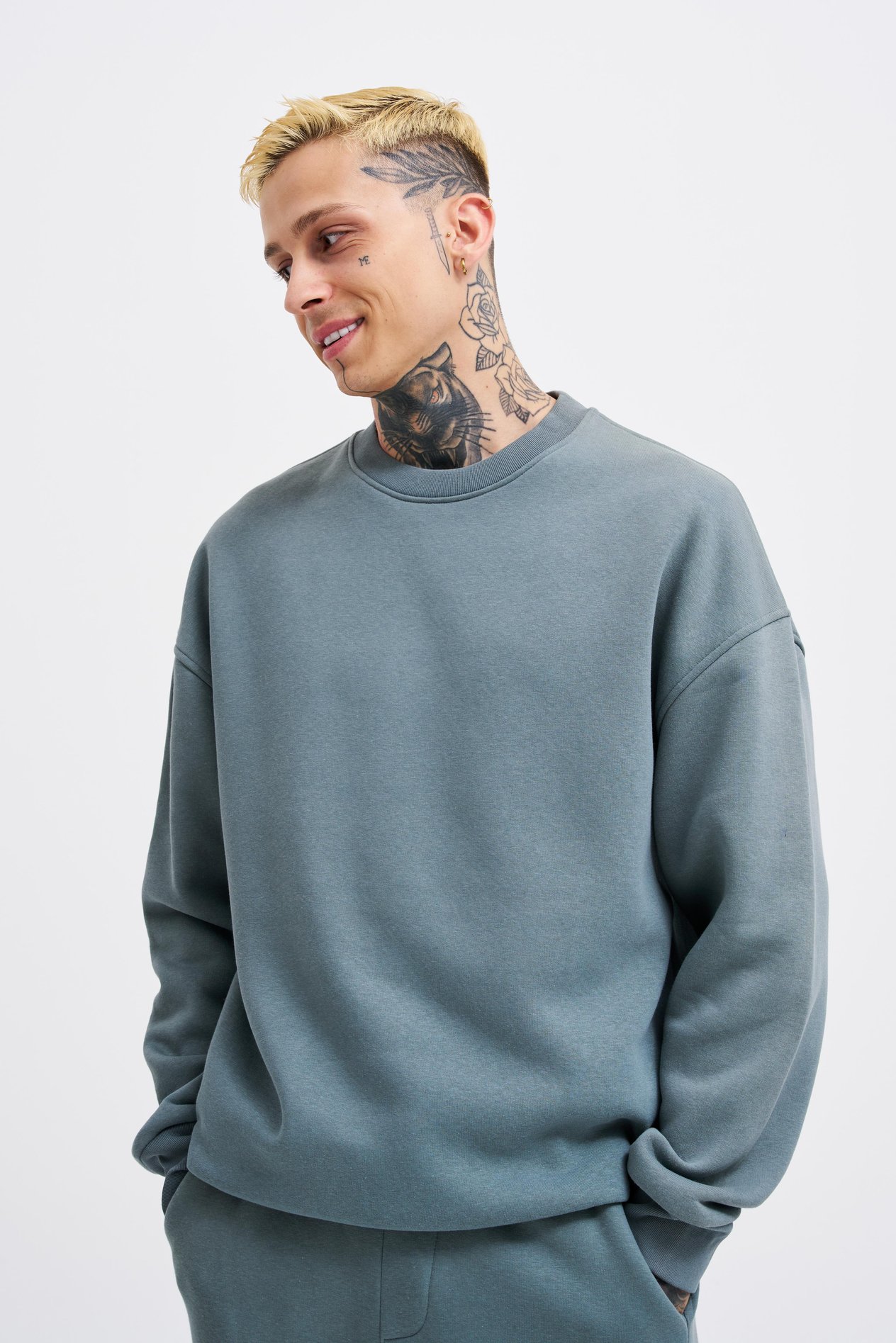 Erkek Basic Bisiklet Yaka Oversize Mavi Sweatshirt