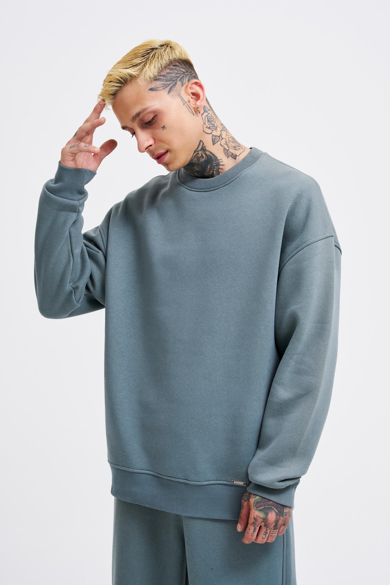 Erkek Basic Bisiklet Yaka Oversize Mavi Sweatshirt