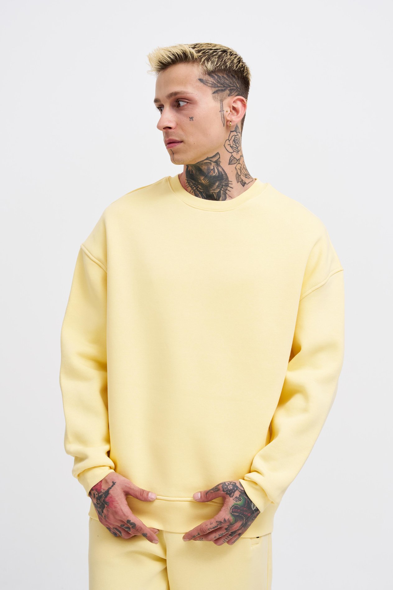 Erkek Basic Bisiklet Yaka Oversize Sarı Sweatshirt