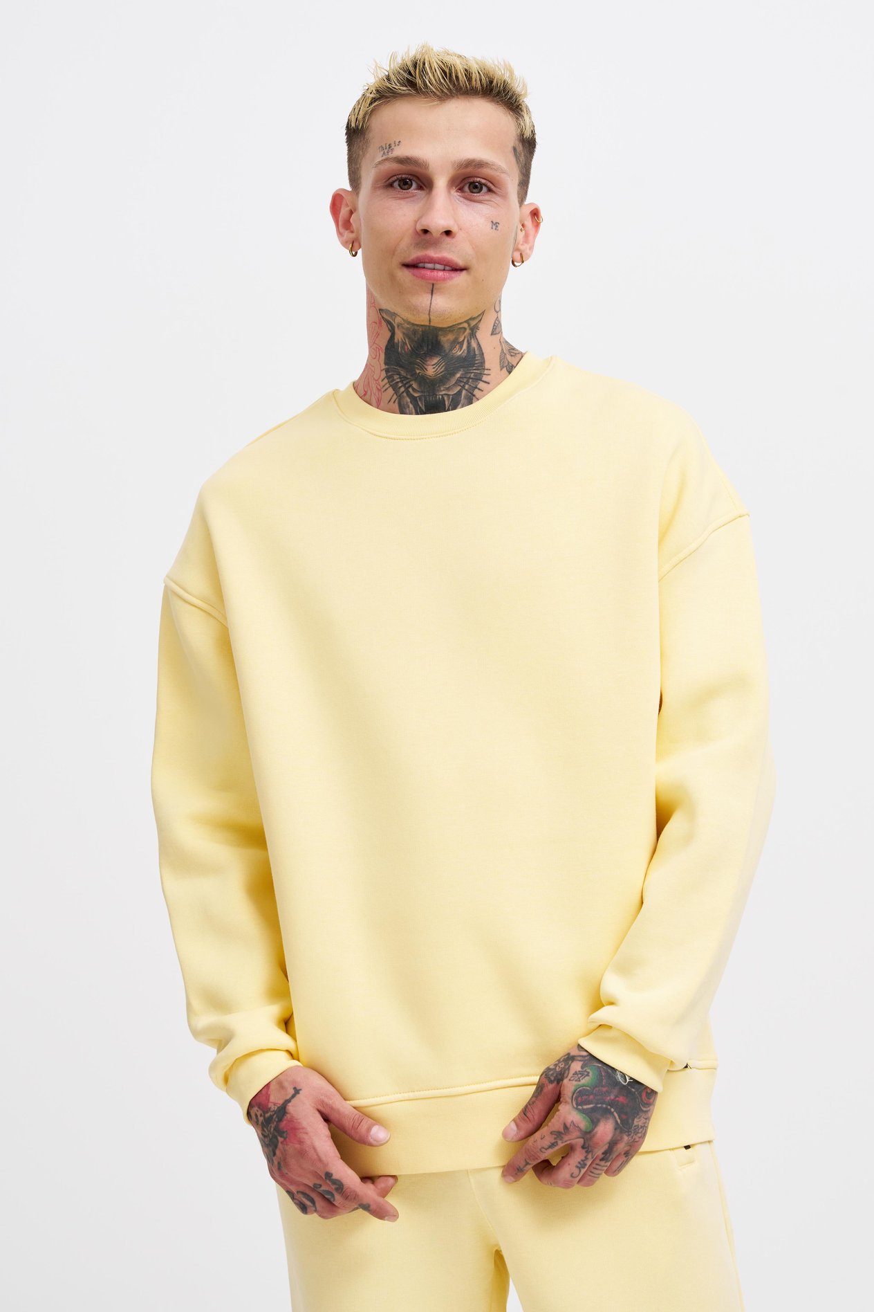 Erkek Basic Bisiklet Yaka Oversize Sarı Sweatshirt