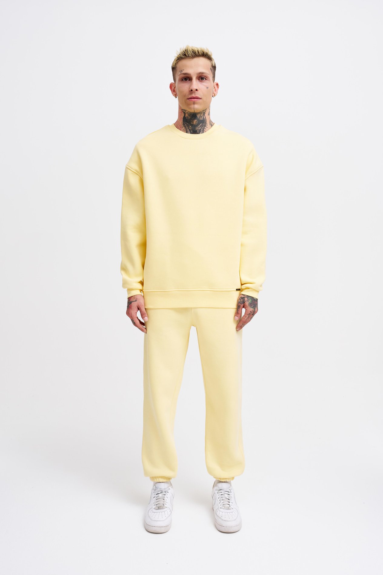 Erkek Basic Bisiklet Yaka Oversize Sarı Sweatshirt