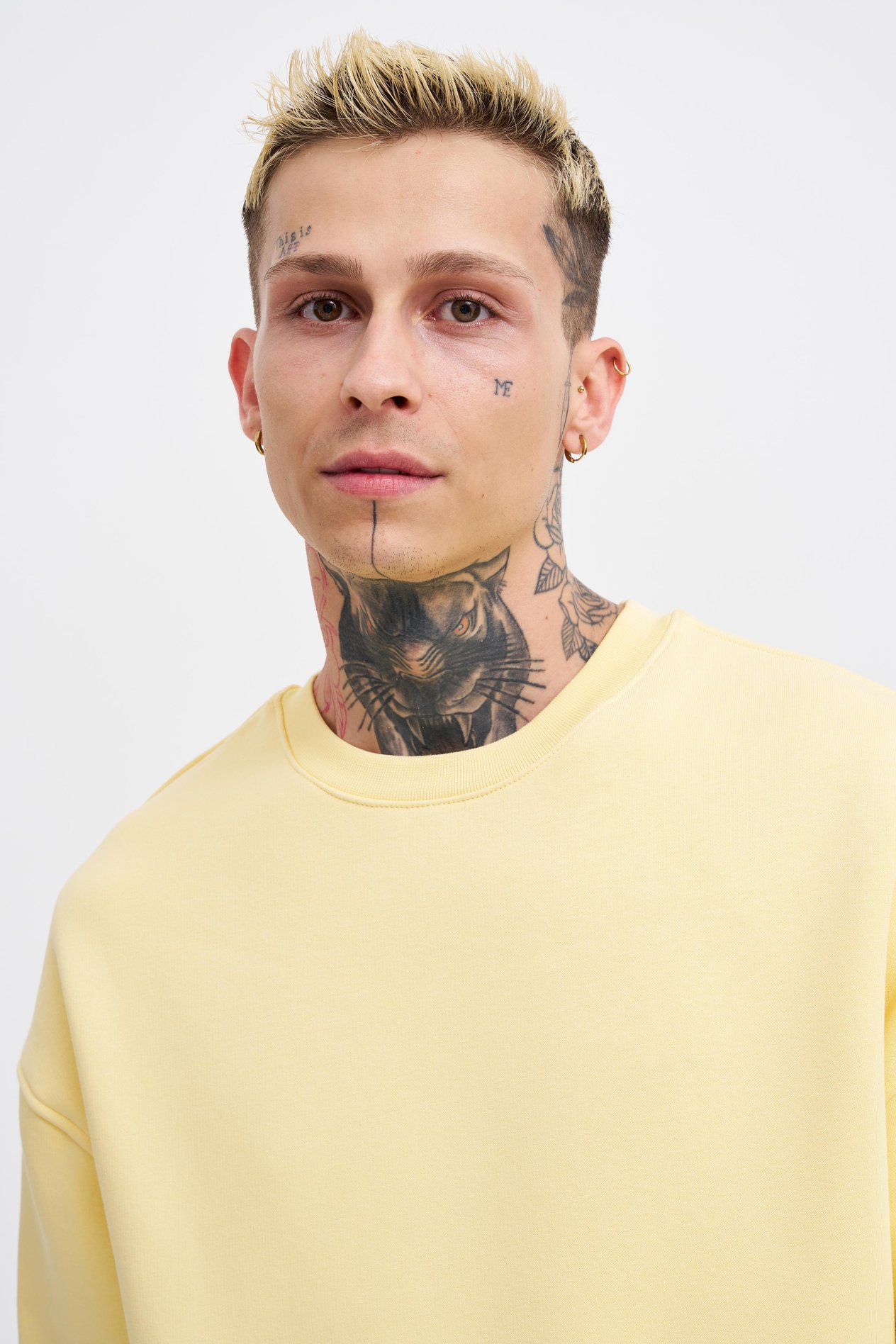 Erkek Basic Bisiklet Yaka Oversize Sarı Sweatshirt