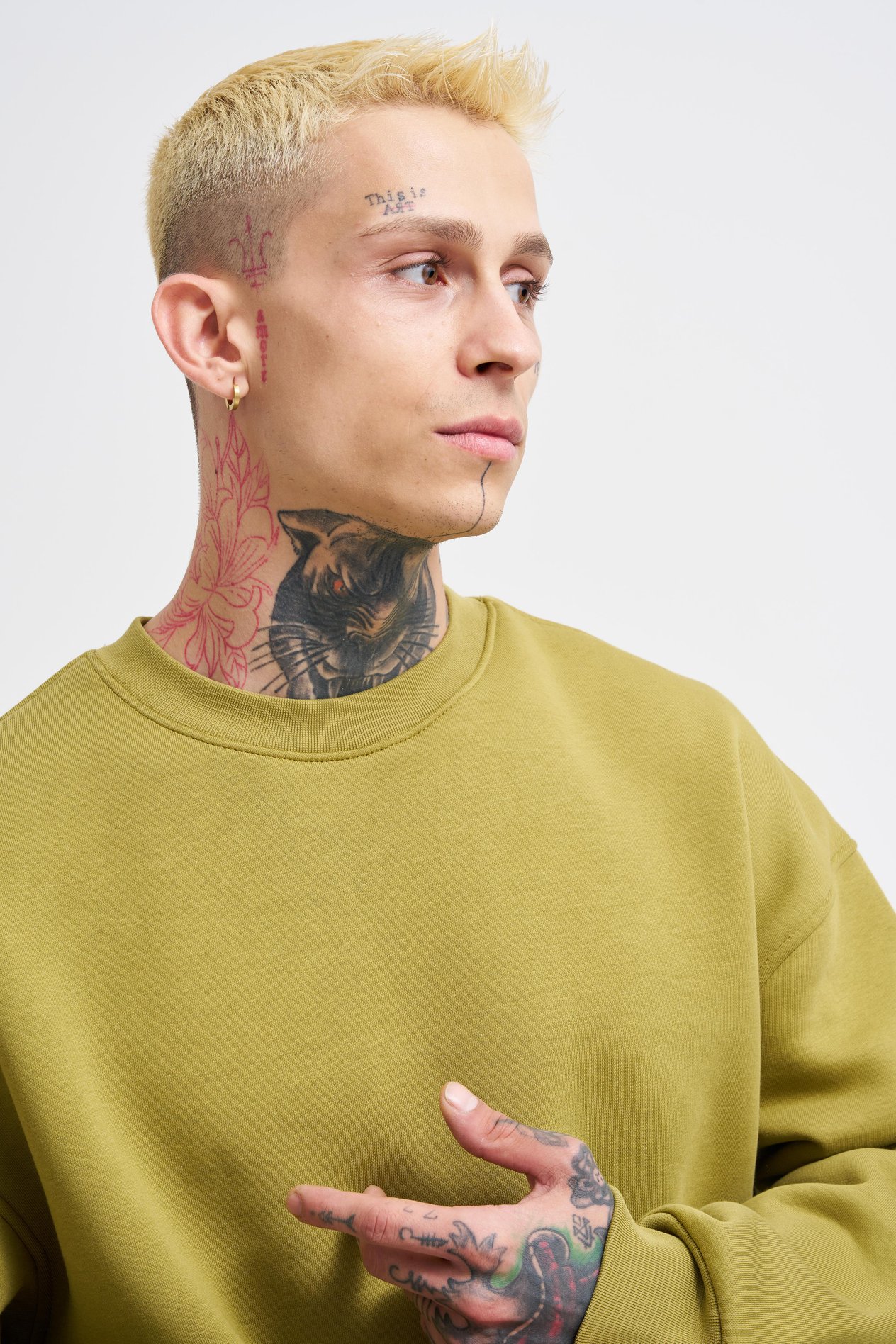 Erkek Basic Bisiklet Yaka Oversize Yeşil Sweatshirt