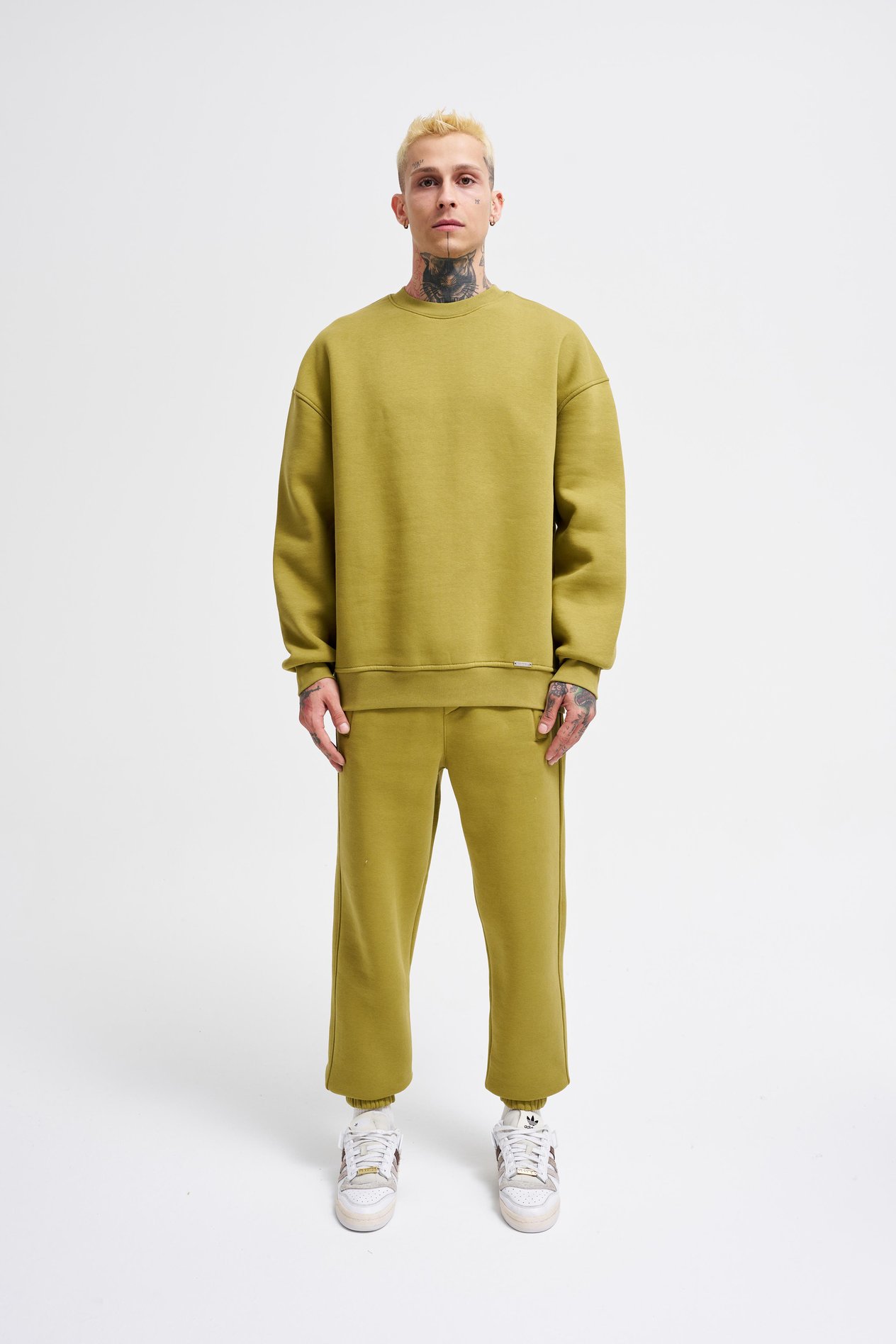 Erkek Basic Bisiklet Yaka Oversize Yeşil Sweatshirt
