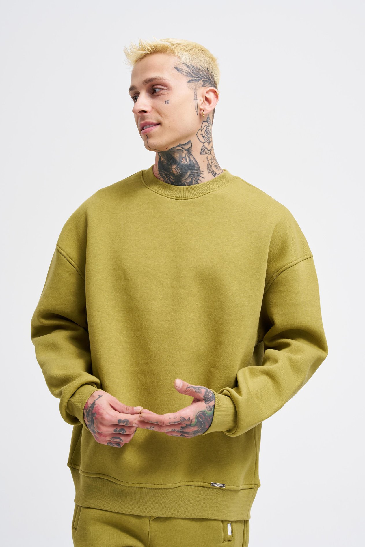 Erkek Basic Bisiklet Yaka Oversize Yeşil Sweatshirt