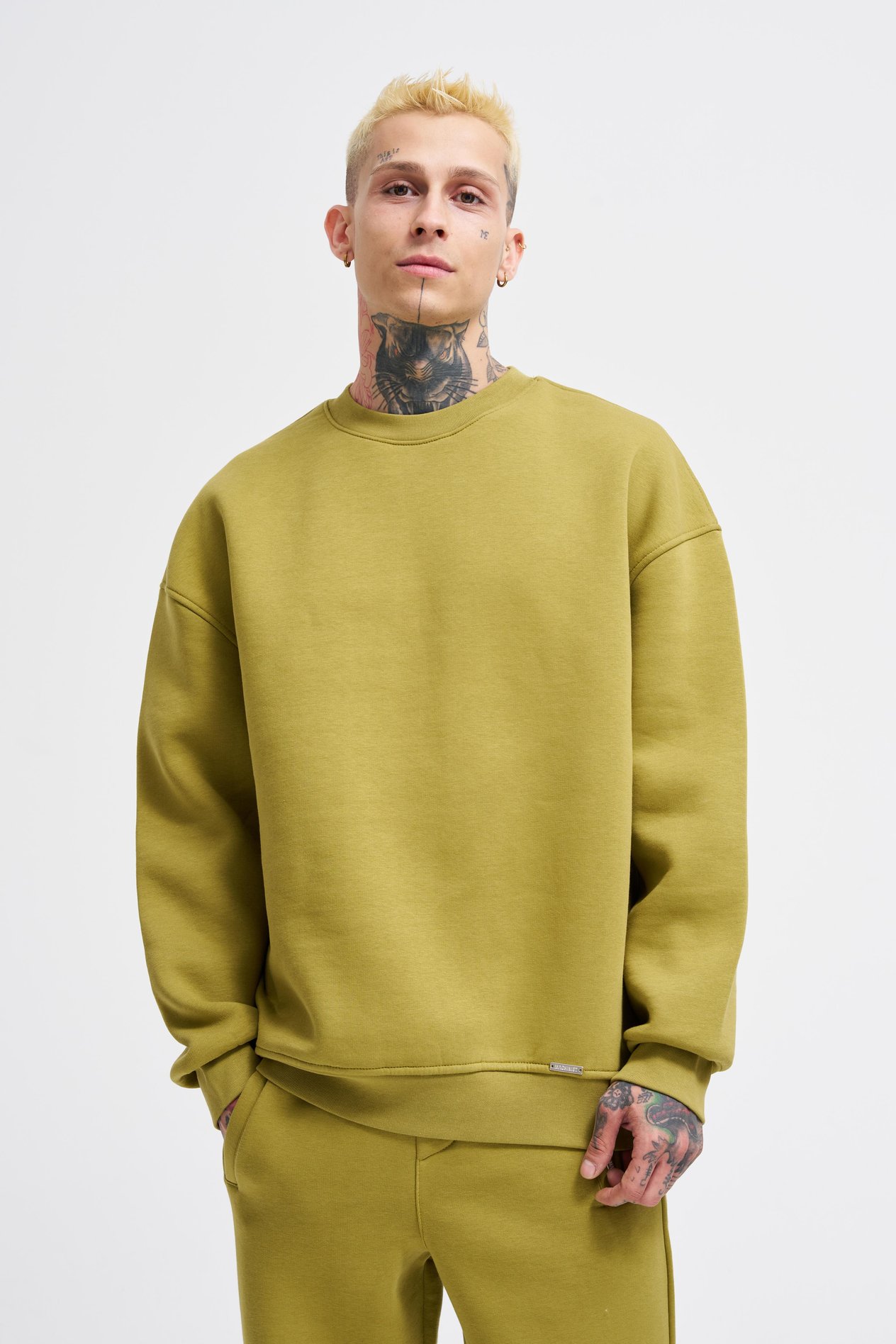 Erkek Basic Bisiklet Yaka Oversize Yeşil Sweatshirt