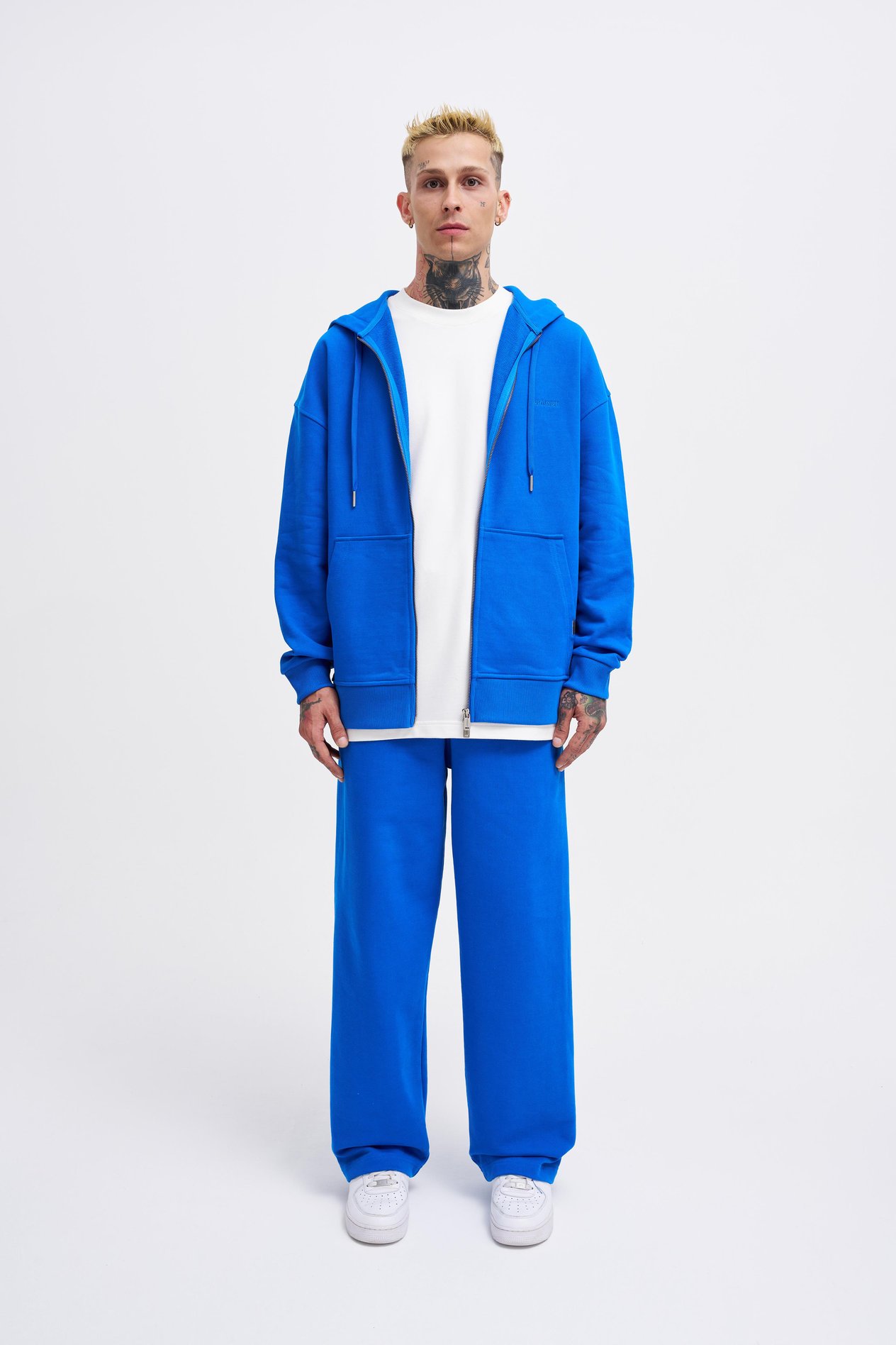 Erkek Basic Diagonal Zip Açık Mavi Hoodie