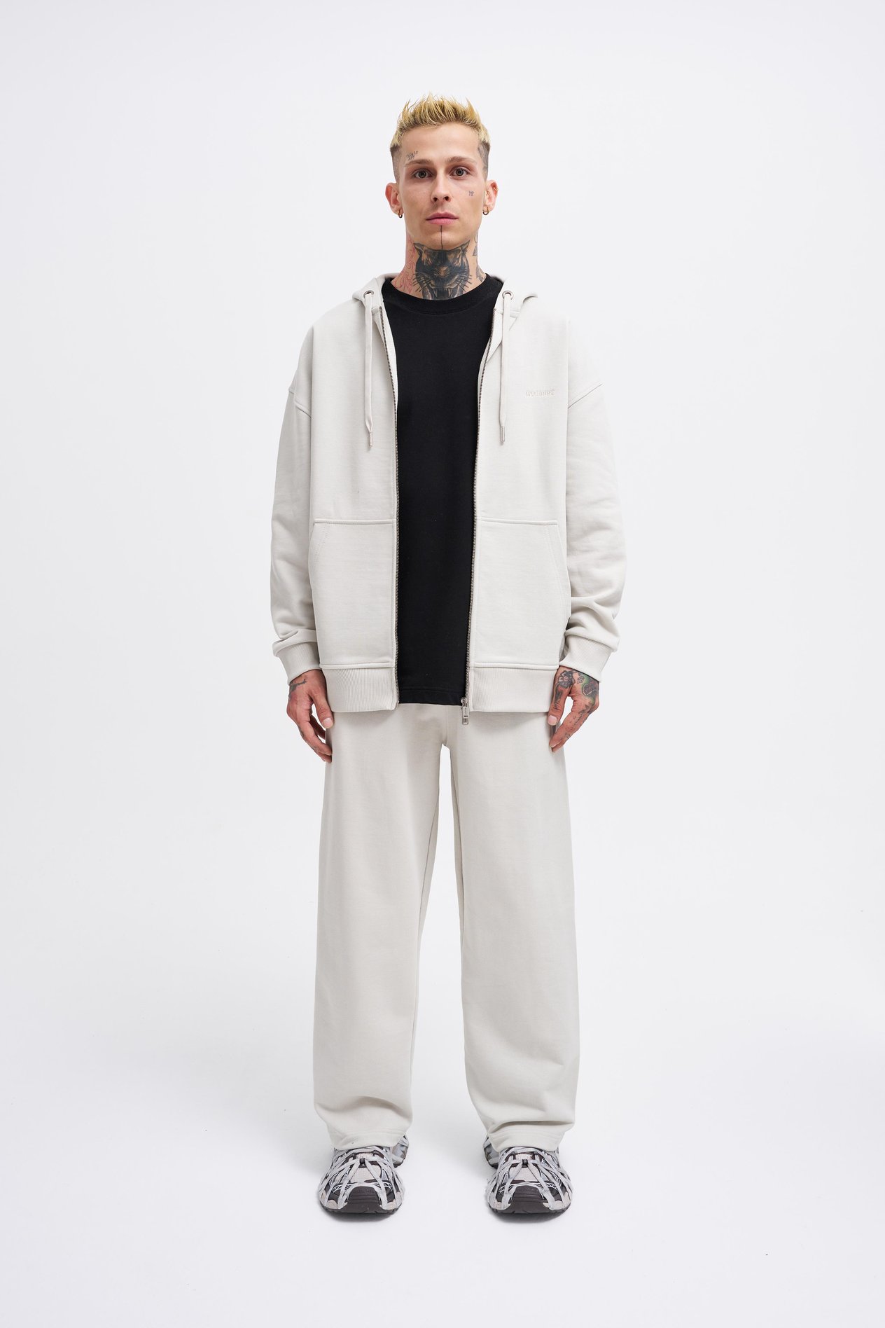 Erkek Basic Diagonal Zip Gri Hoodie