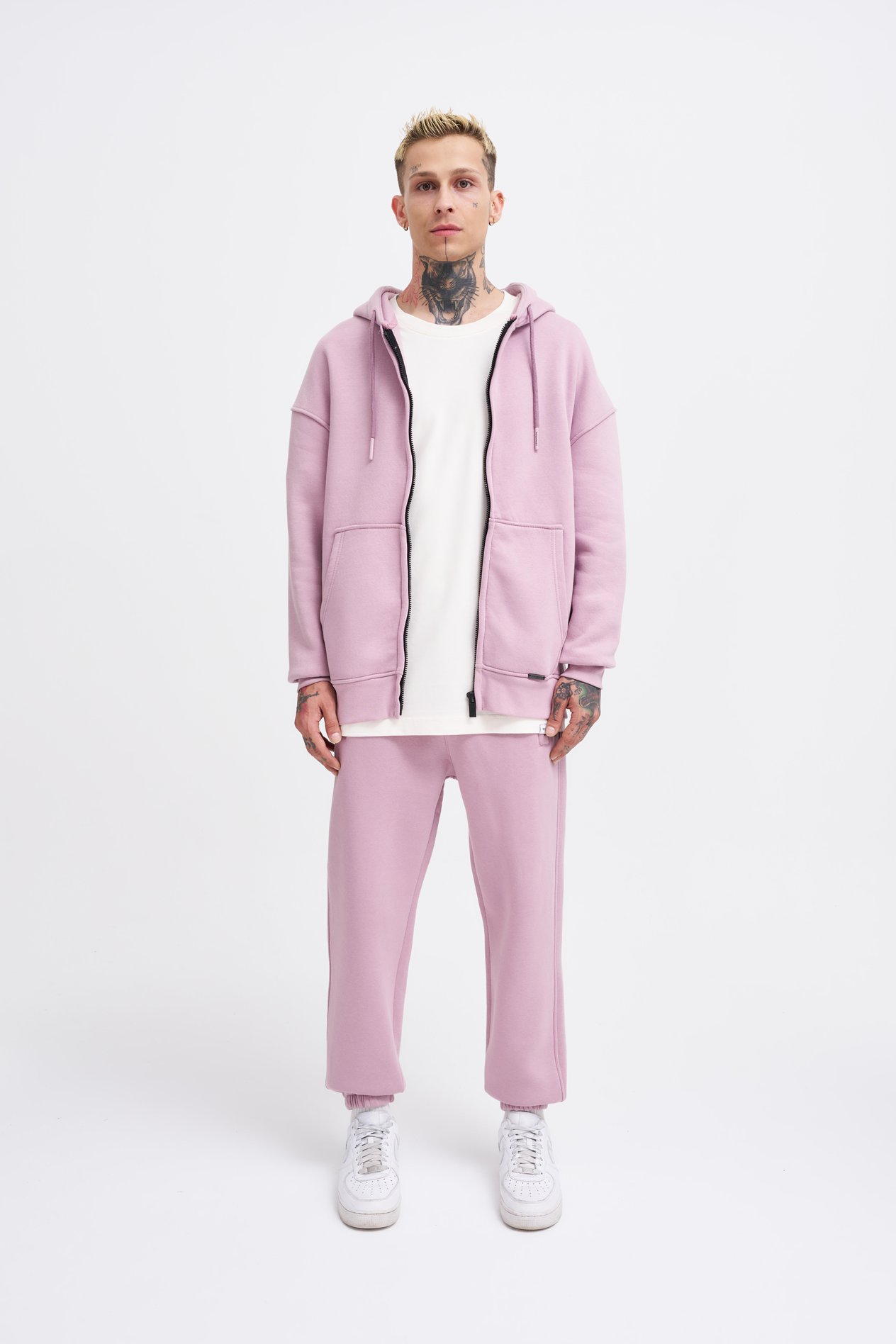 Erkek Basic Fermuarlı Cepli Kapüşonlu Oversize Kirli Pembe Sweatshirt
