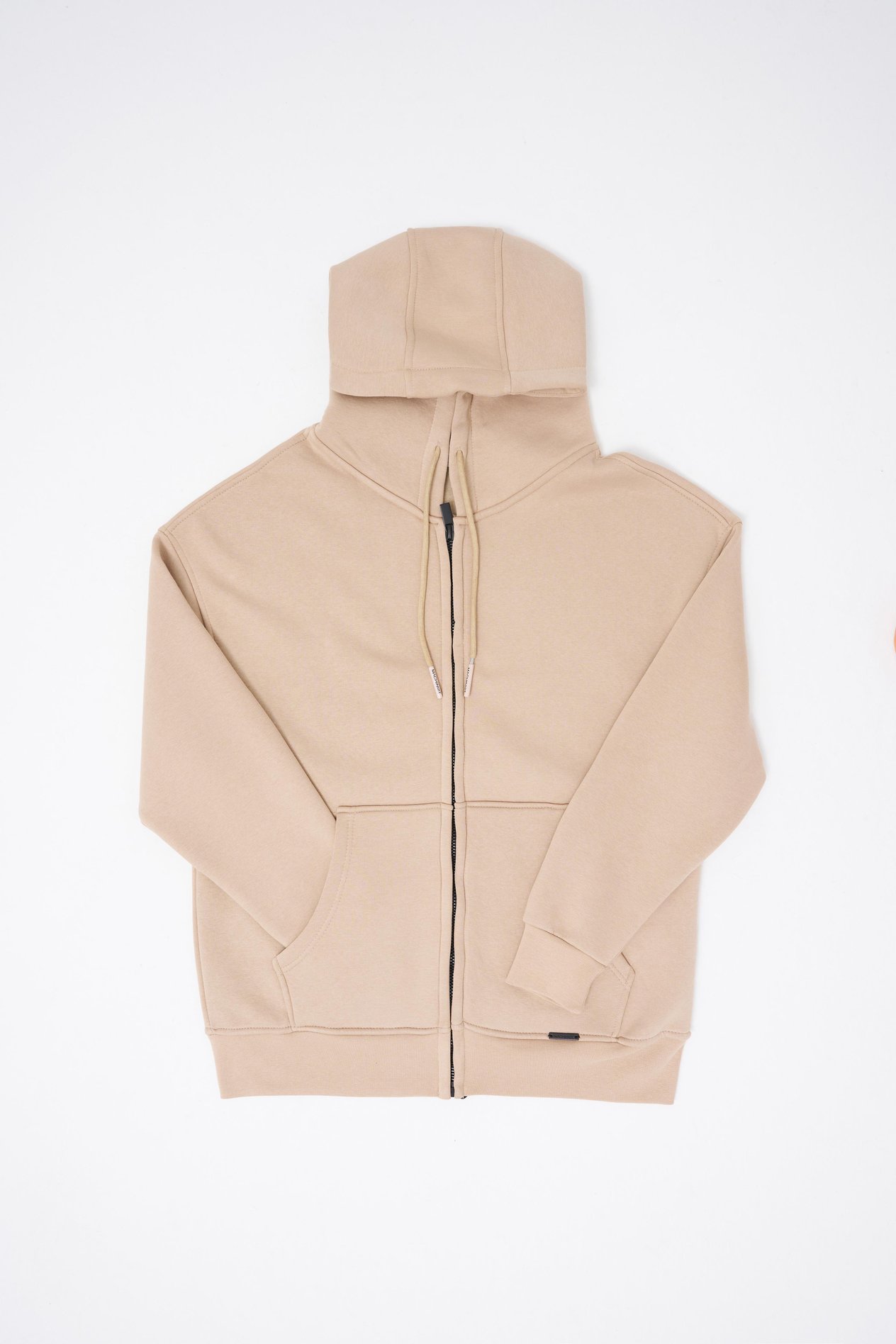 Erkek Basic Fermuarlı Cepli Kapüşonlu Oversize Bej Sweatshirt