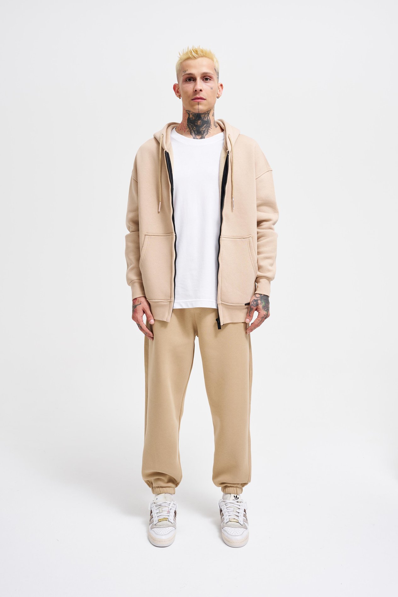 Erkek Basic Fermuarlı Cepli Kapüşonlu Oversize Bej Sweatshirt