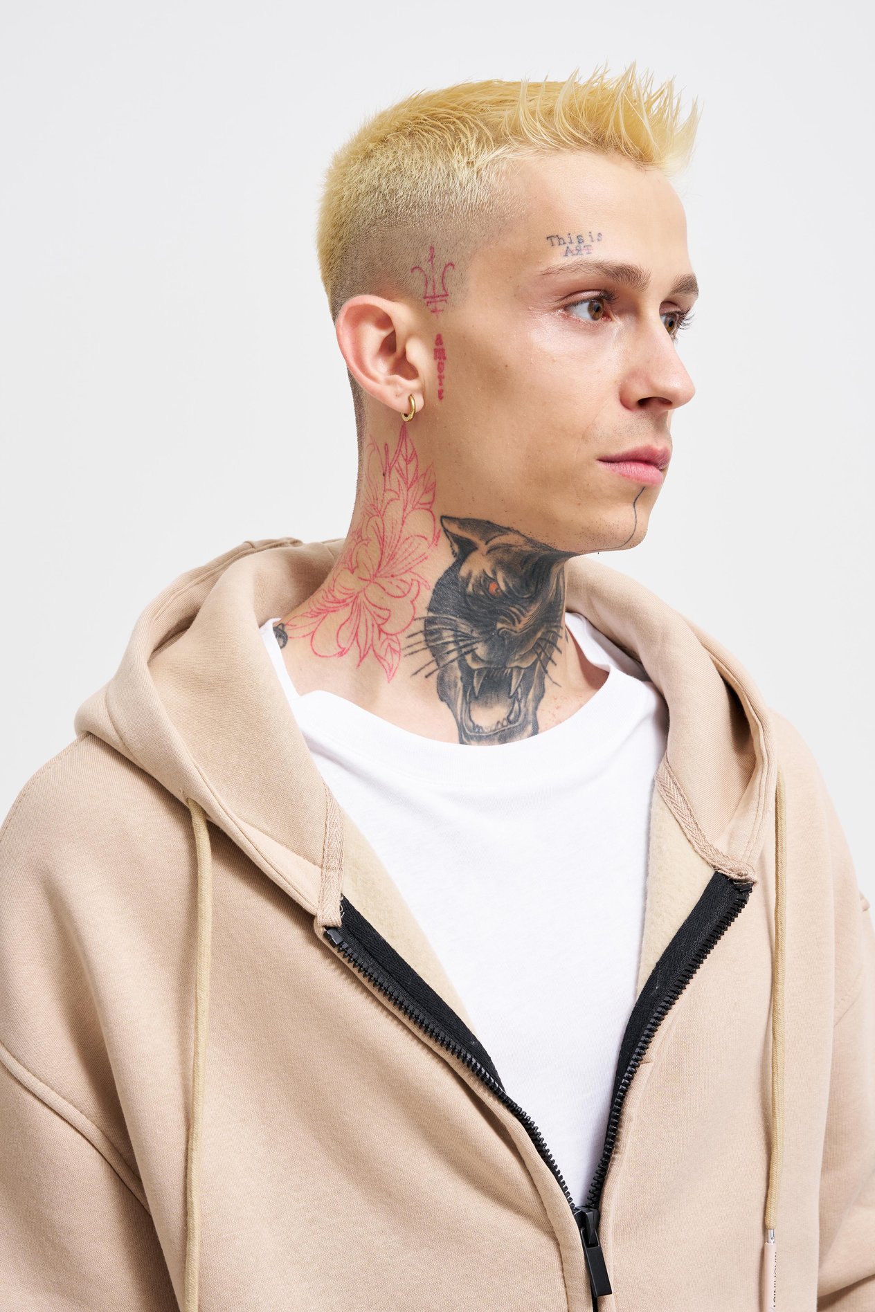 Erkek Basic Fermuarlı Cepli Kapüşonlu Oversize Bej Sweatshirt