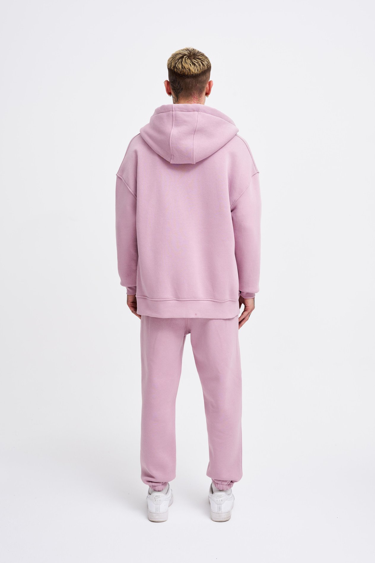 Erkek Basic Fermuarlı Cepli Kapüşonlu Oversize Kirli Pembe Sweatshirt