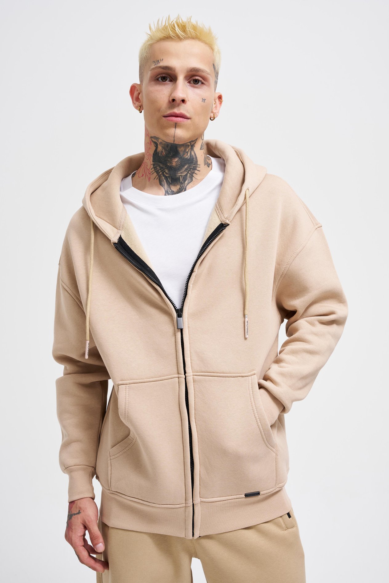 Erkek Basic Fermuarlı Cepli Kapüşonlu Oversize Bej Sweatshirt