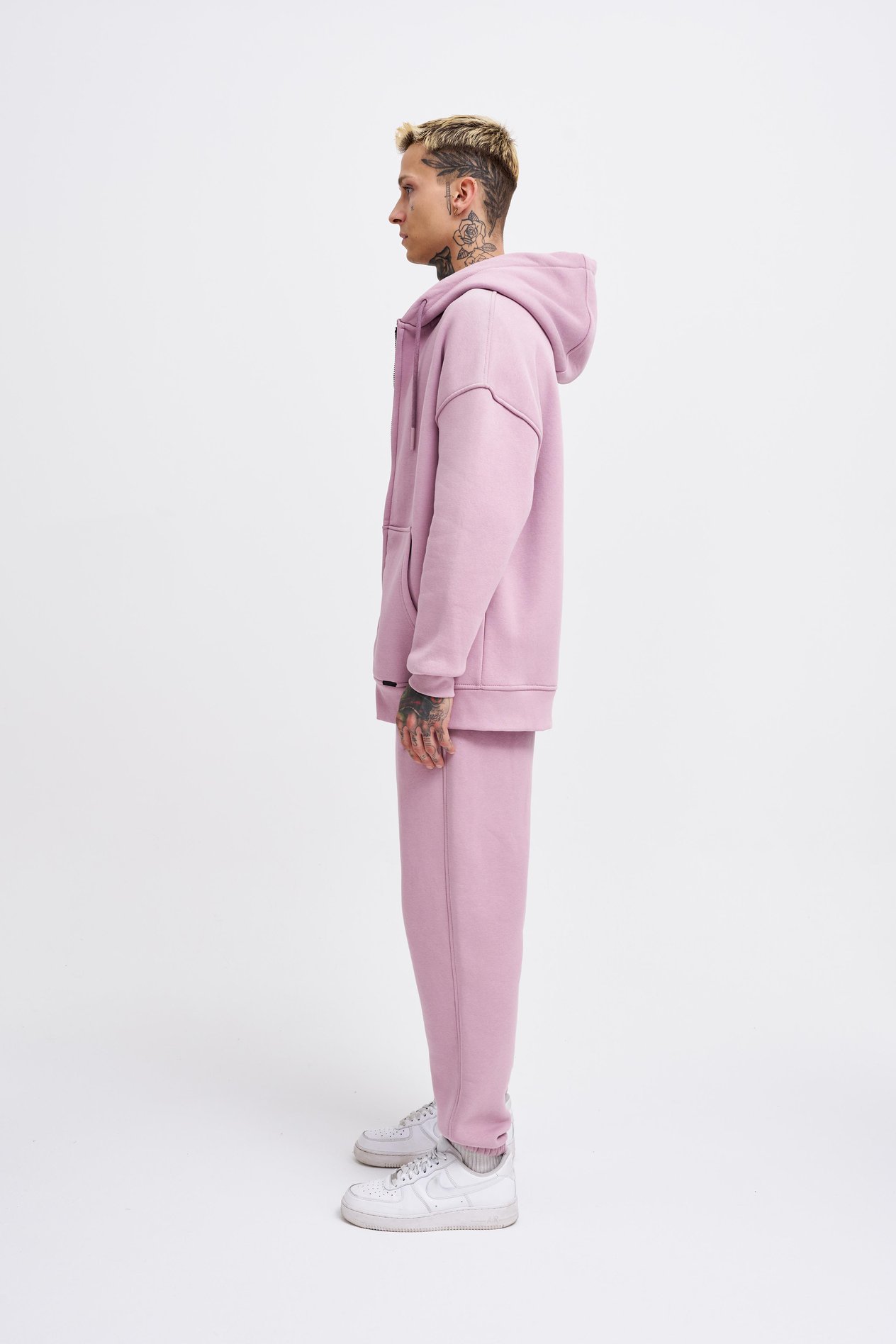 Erkek Basic Fermuarlı Cepli Kapüşonlu Oversize Kirli Pembe Sweatshirt